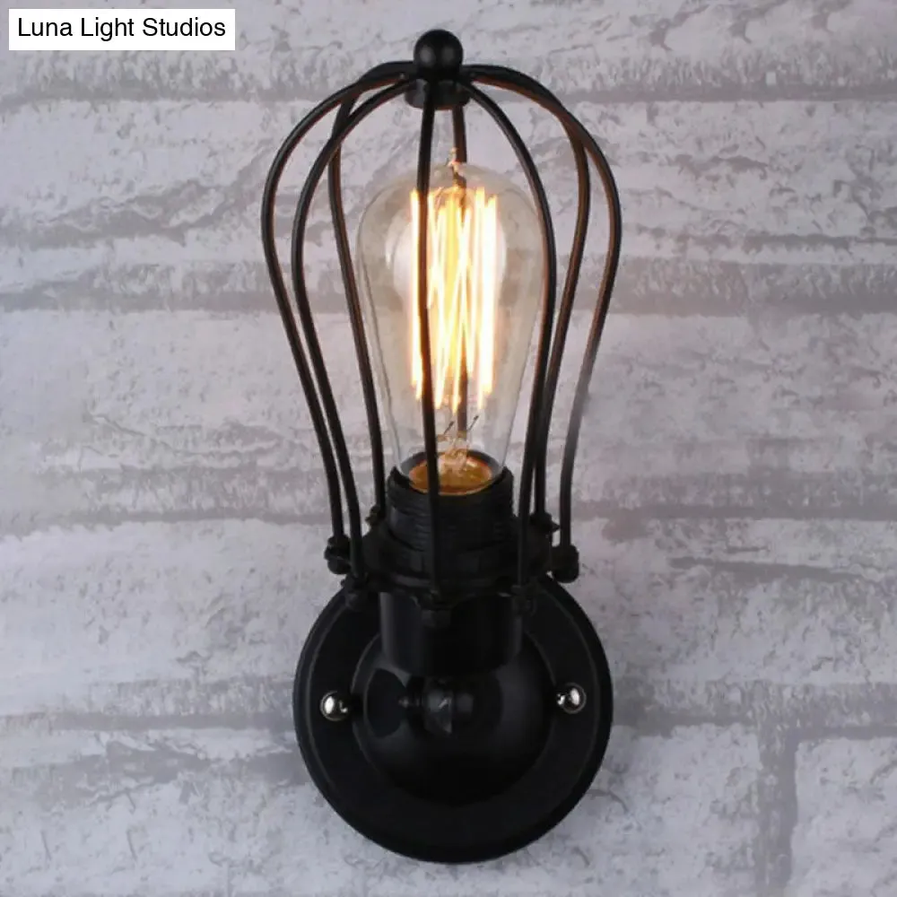 Vintage Grapefruit Cage Wall Light - Single-Bulb Iron Lamp, Black