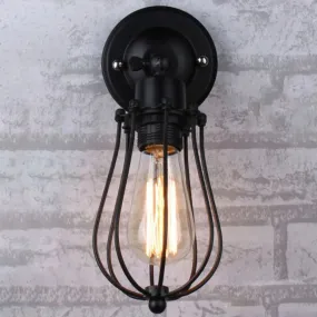 Vintage Grapefruit Cage Wall Light - Single-Bulb Iron Lamp, Black