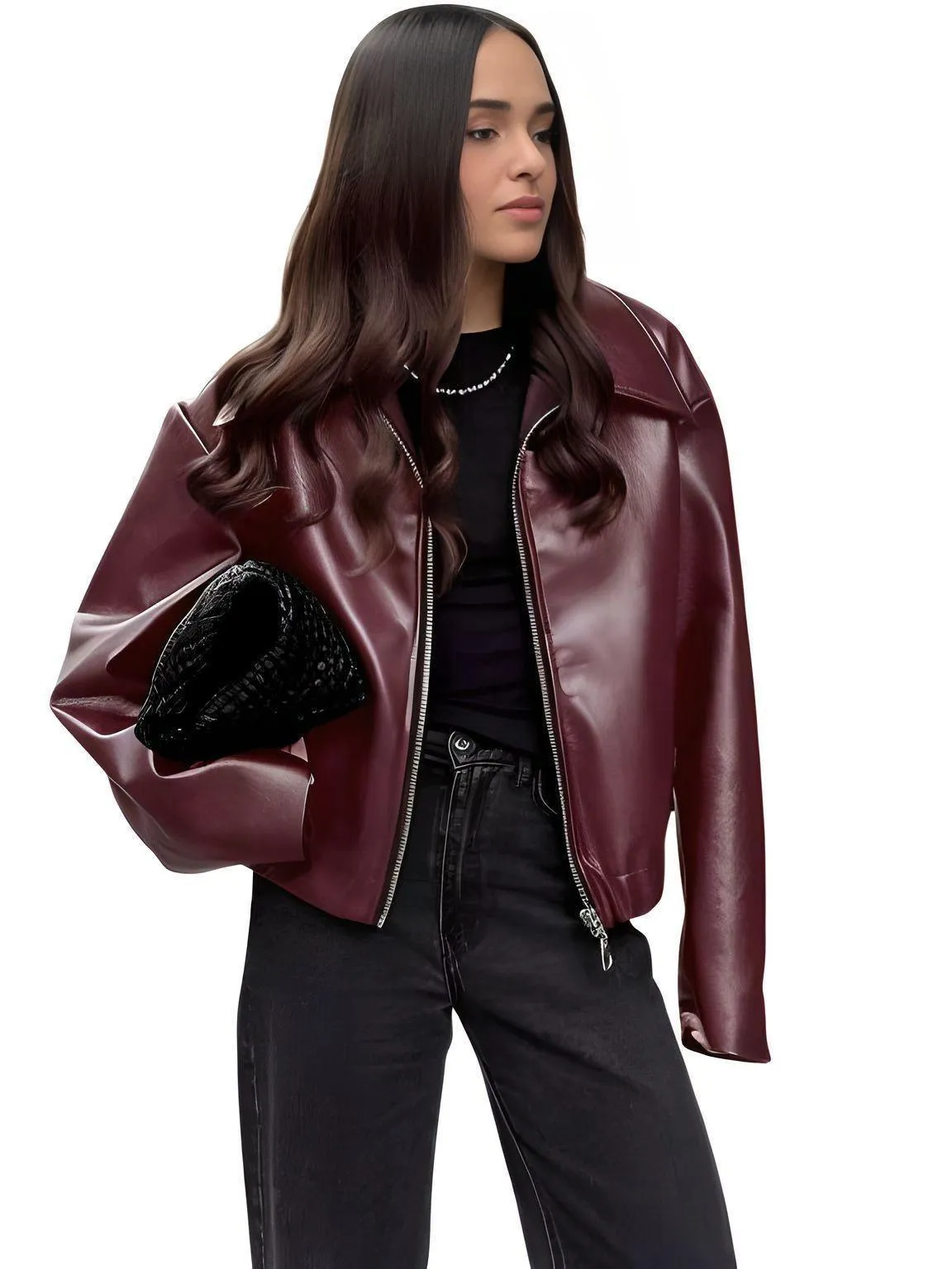 Vintage Style Women's Zipper Leather Jacket Chic Long Sleeved Casual Faux Leather Coats 2024 High Street Fashion Outerwear