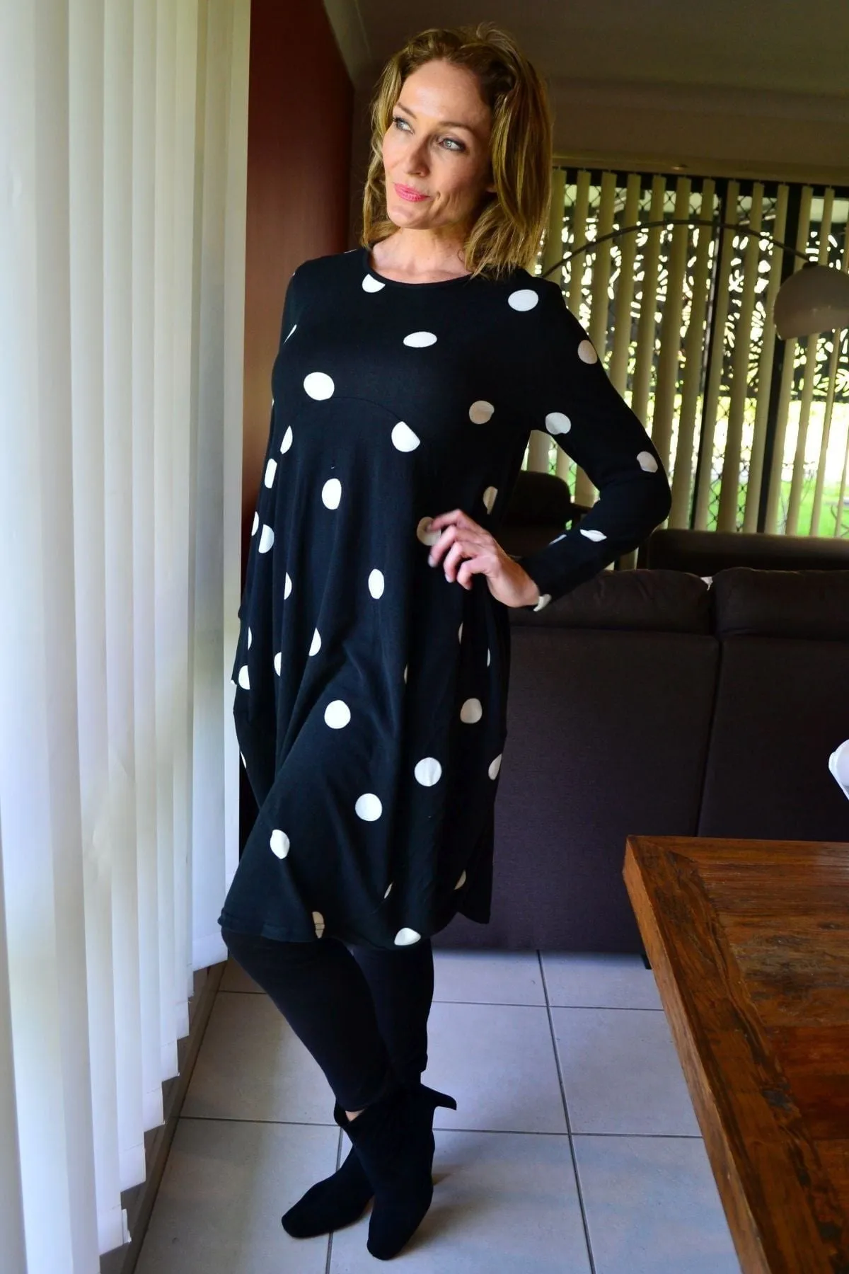 White Spots Cocoon Fleece Tunic Dress