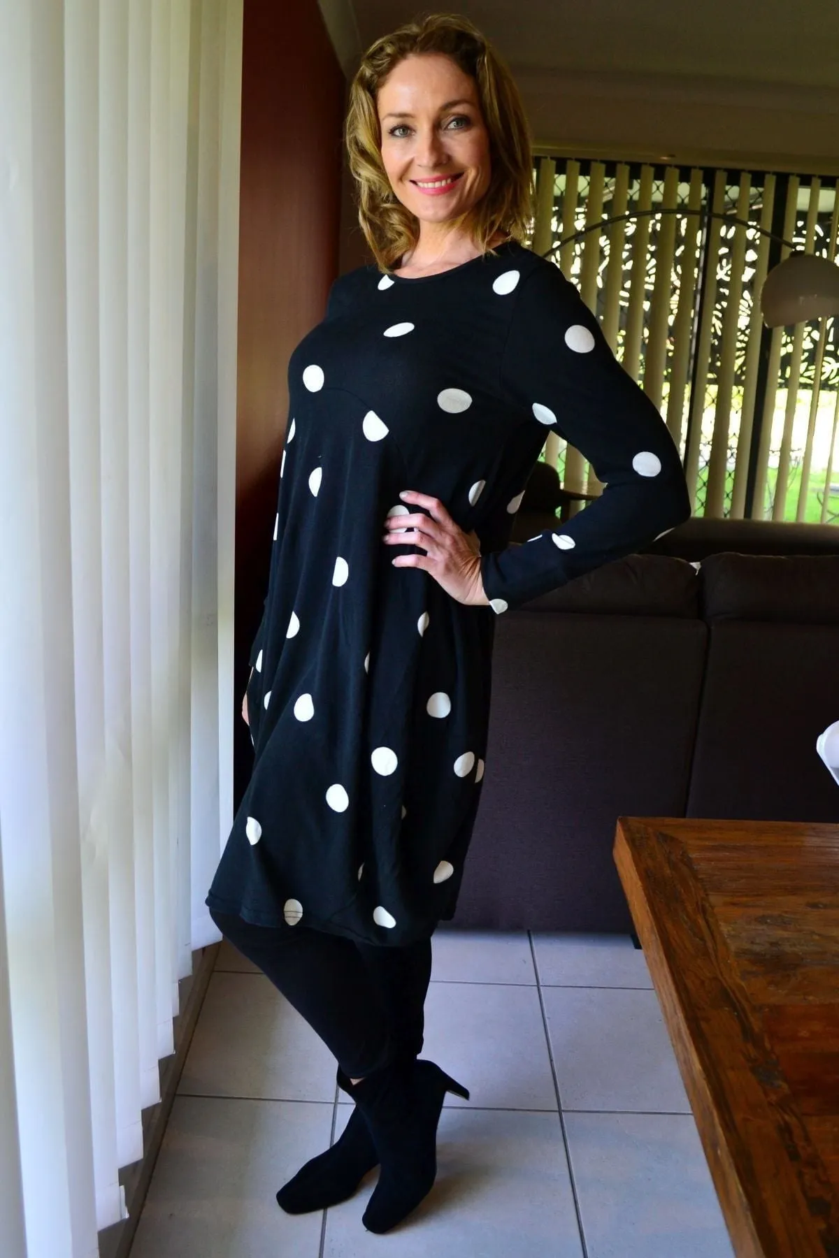 White Spots Cocoon Fleece Tunic Dress