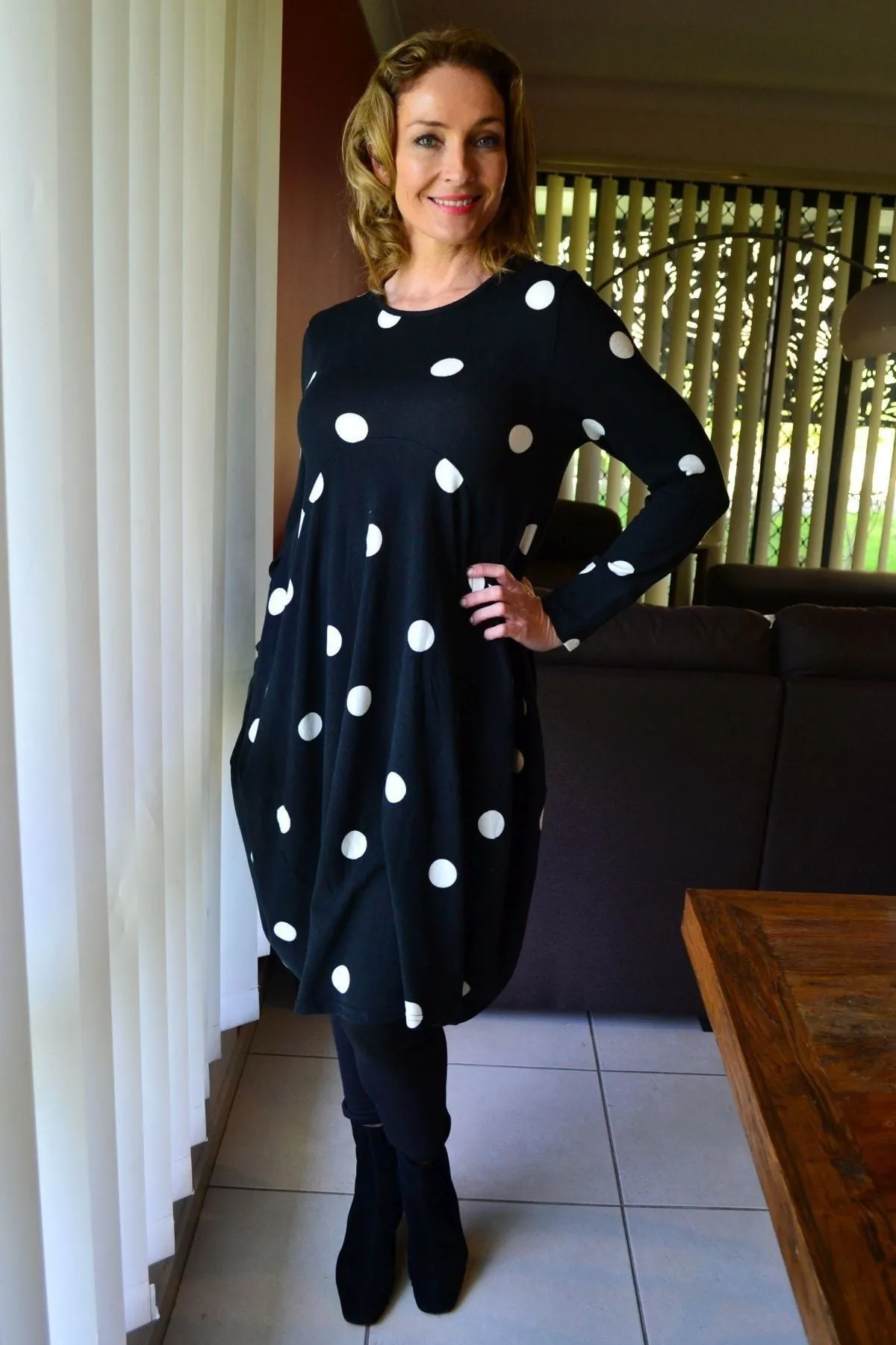 White Spots Cocoon Fleece Tunic Dress