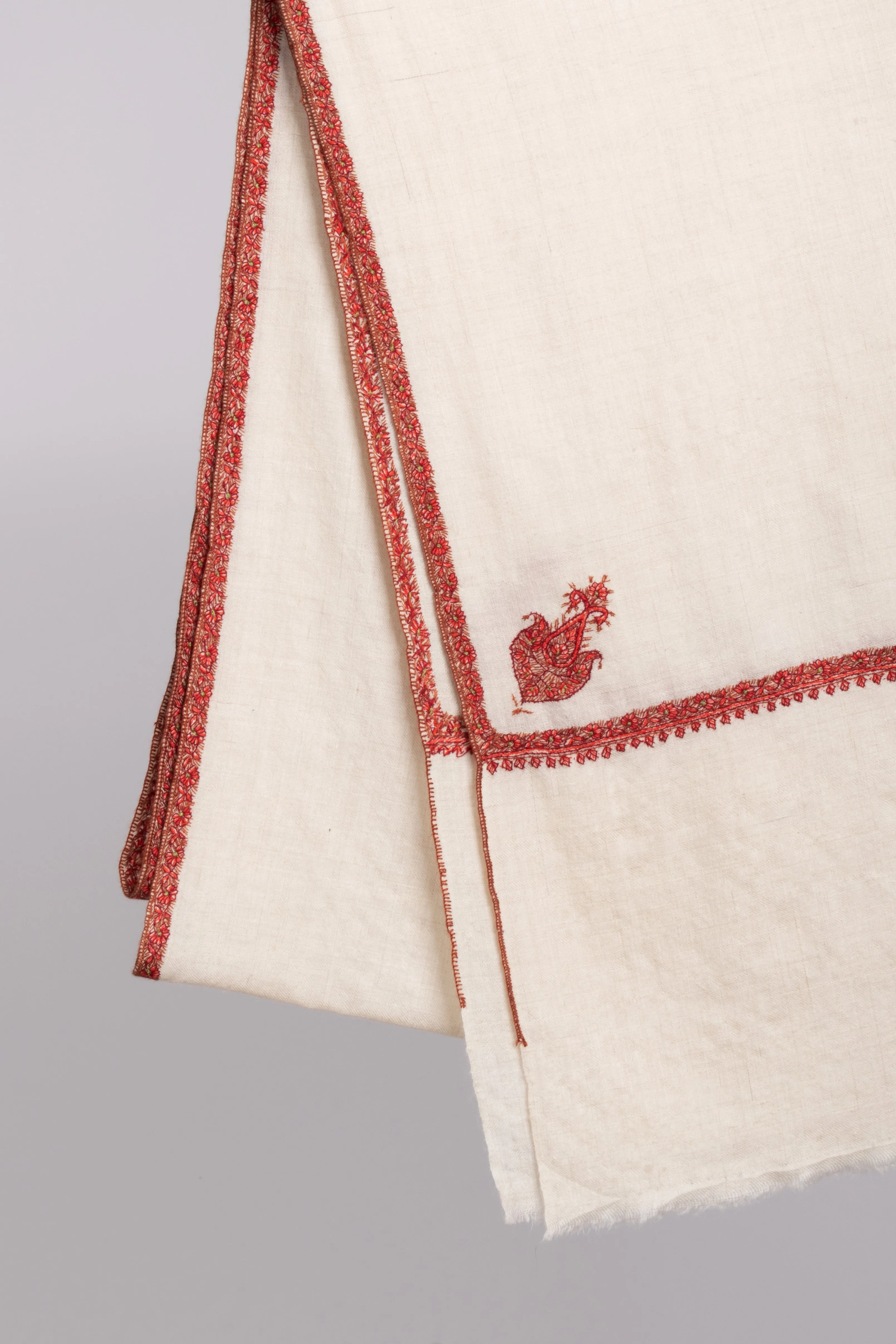 White Traditional Border and Corner Embroidered Pashmina Shawl