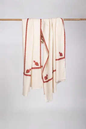 White Traditional Border and Corner Embroidered Pashmina Shawl