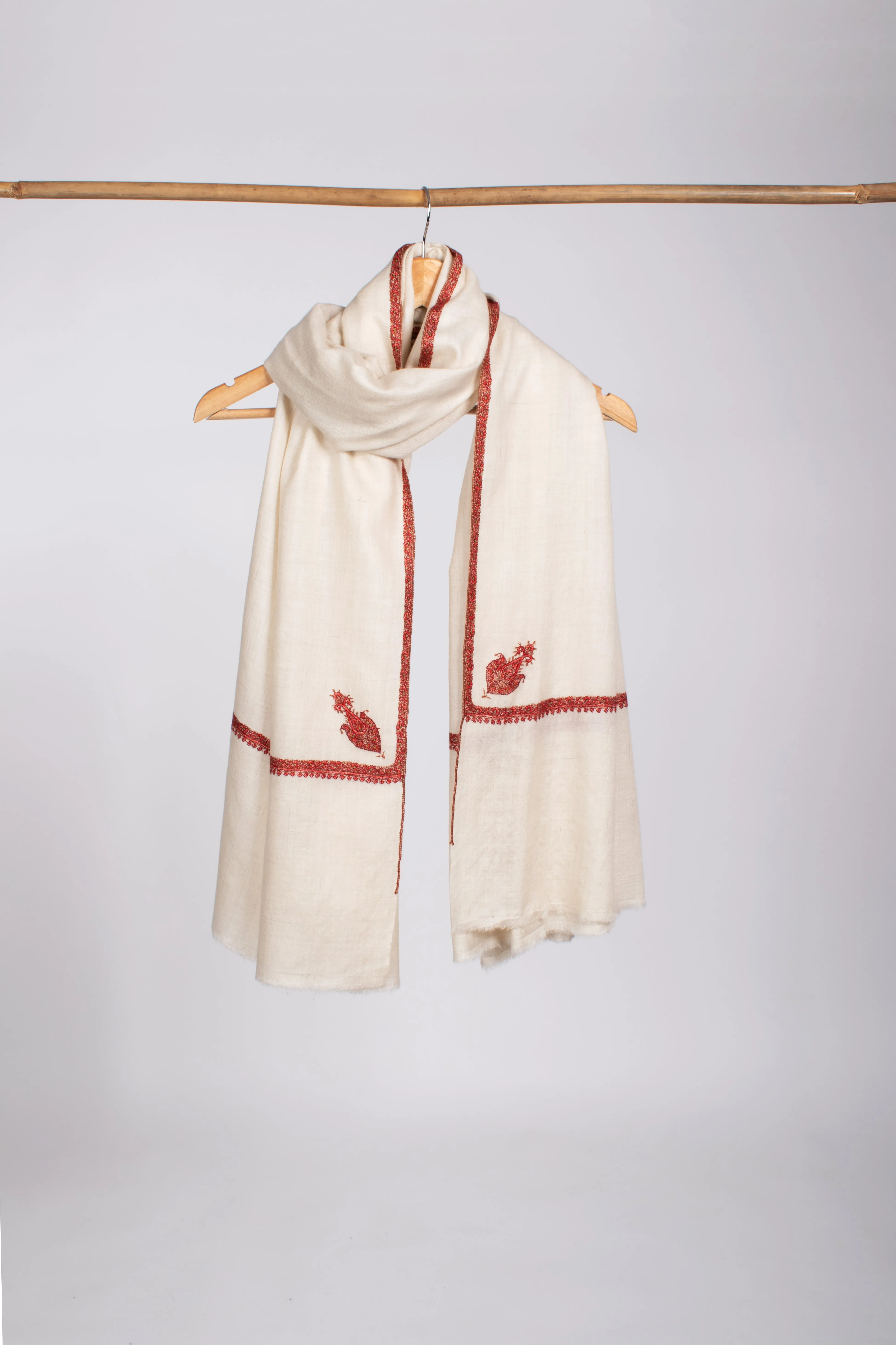 White Traditional Border and Corner Embroidered Pashmina Shawl