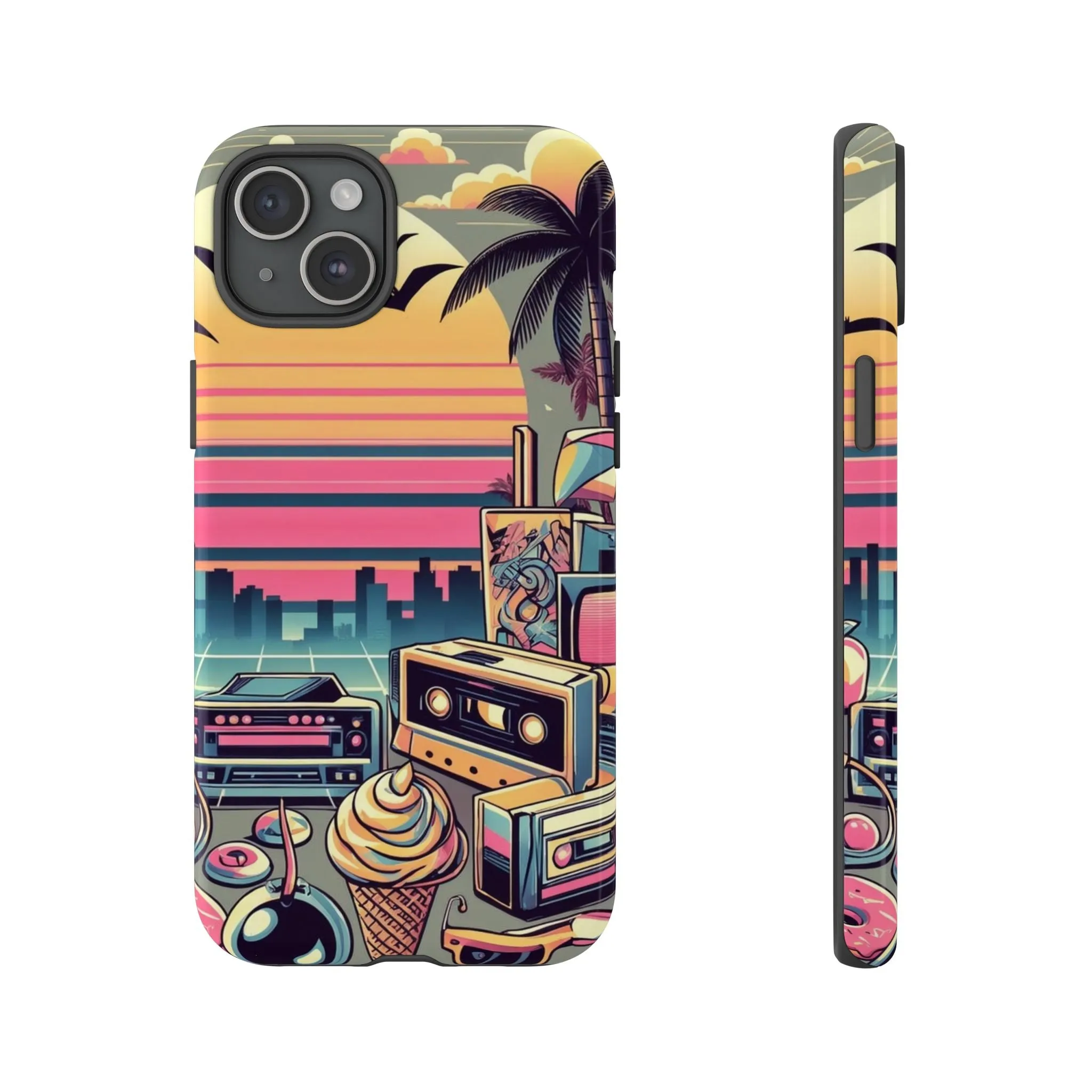 Who needs boring city skylines when you can have an epic sunset, palm trees, and 80s icons on your cell phone case?