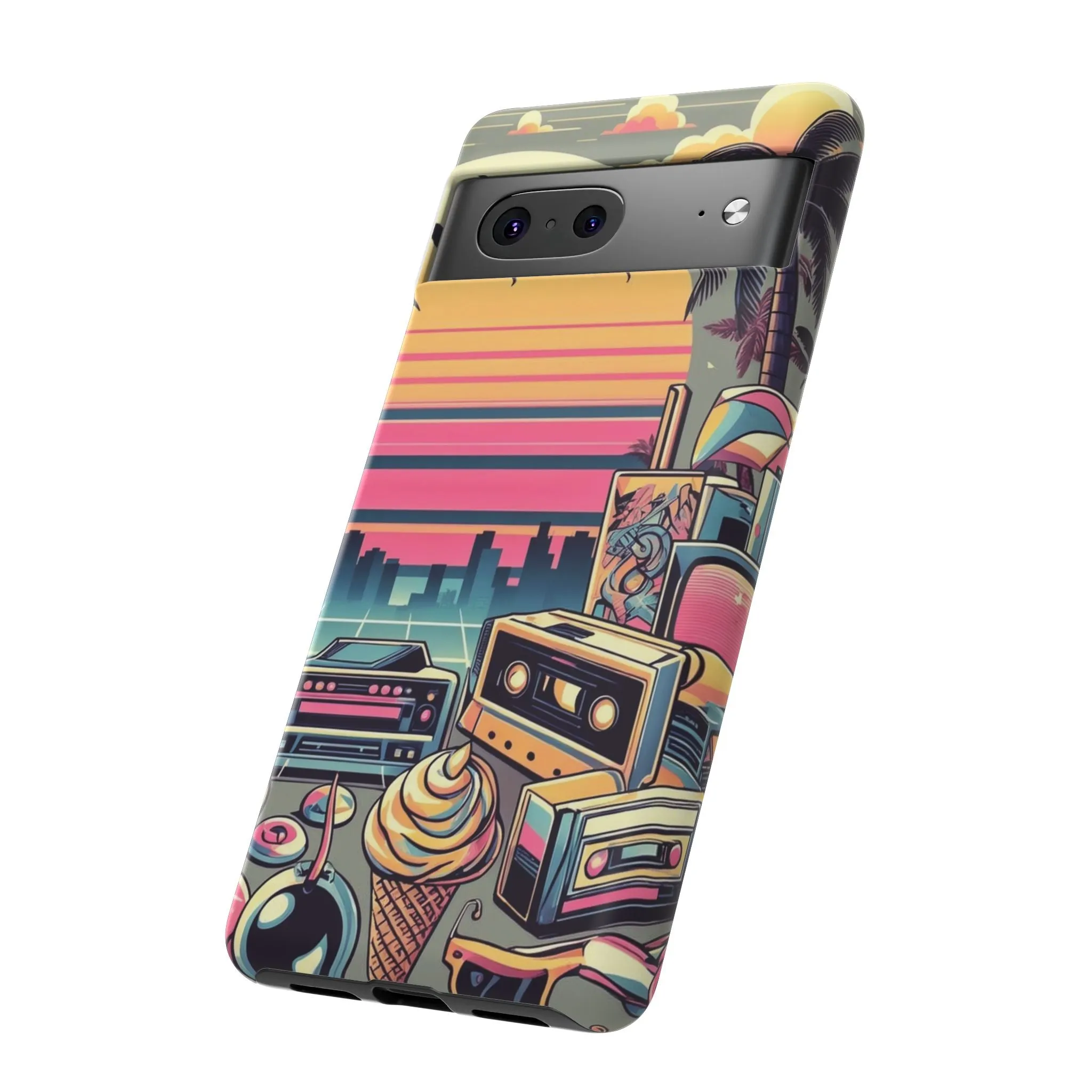 Who needs boring city skylines when you can have an epic sunset, palm trees, and 80s icons on your cell phone case?