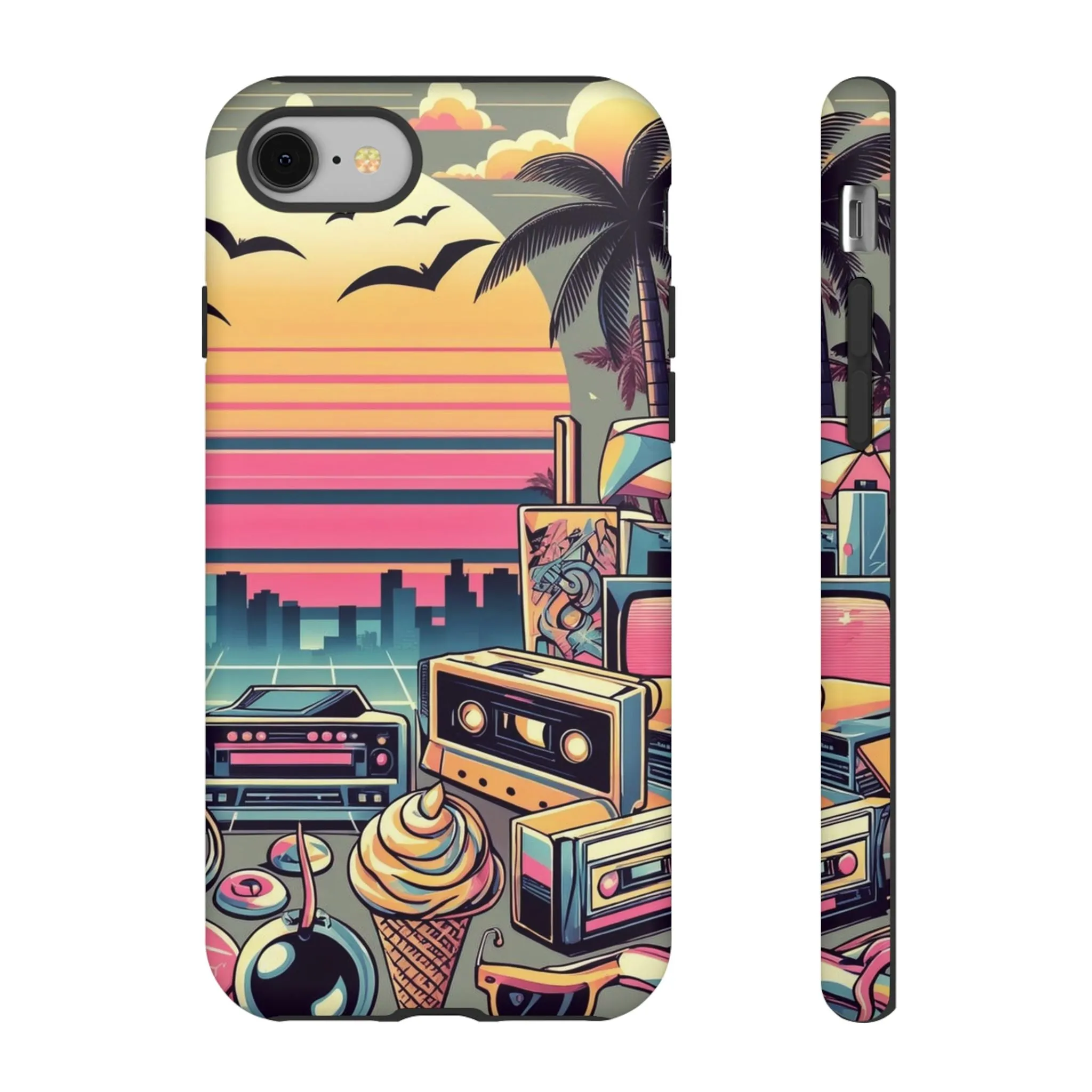 Who needs boring city skylines when you can have an epic sunset, palm trees, and 80s icons on your cell phone case?