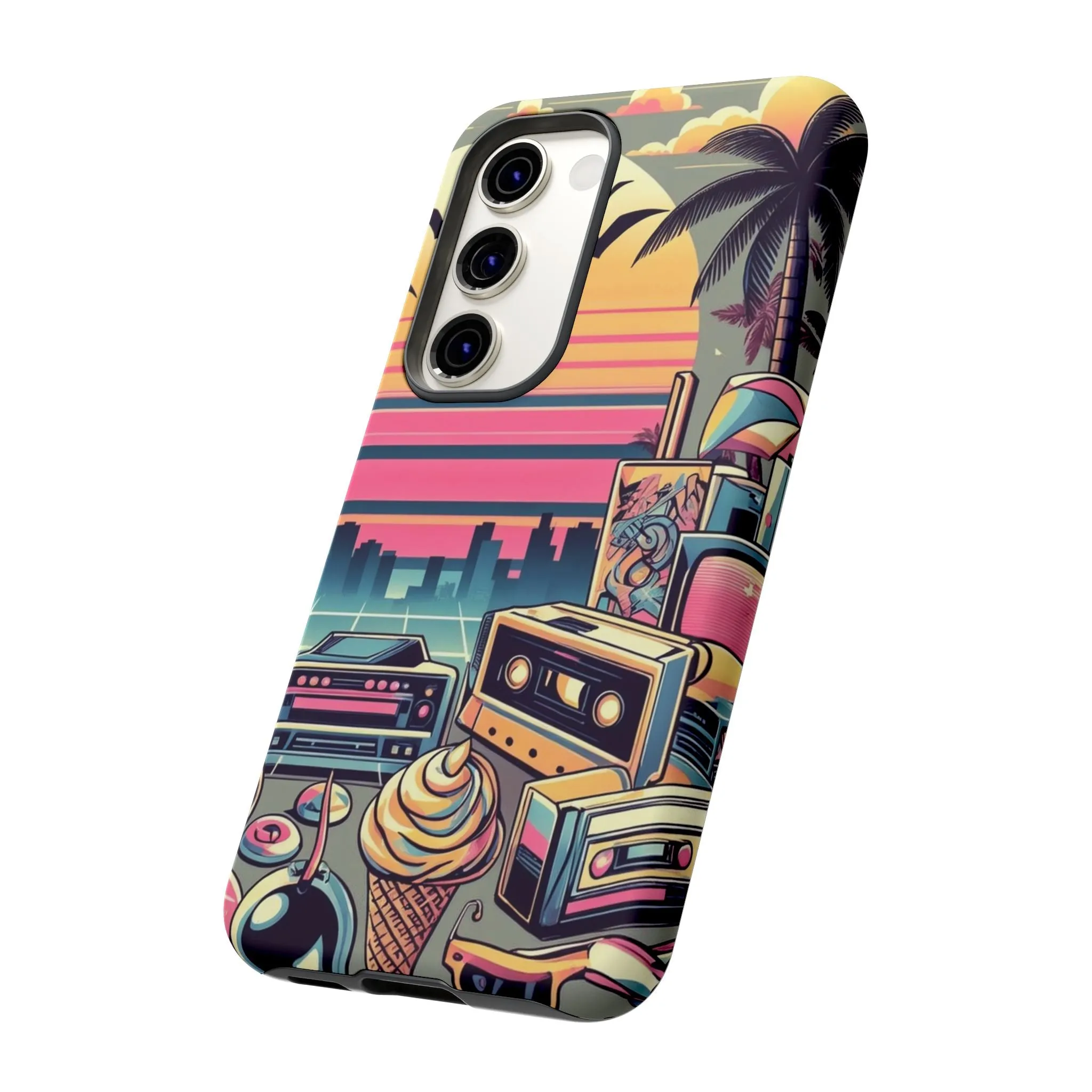 Who needs boring city skylines when you can have an epic sunset, palm trees, and 80s icons on your cell phone case?