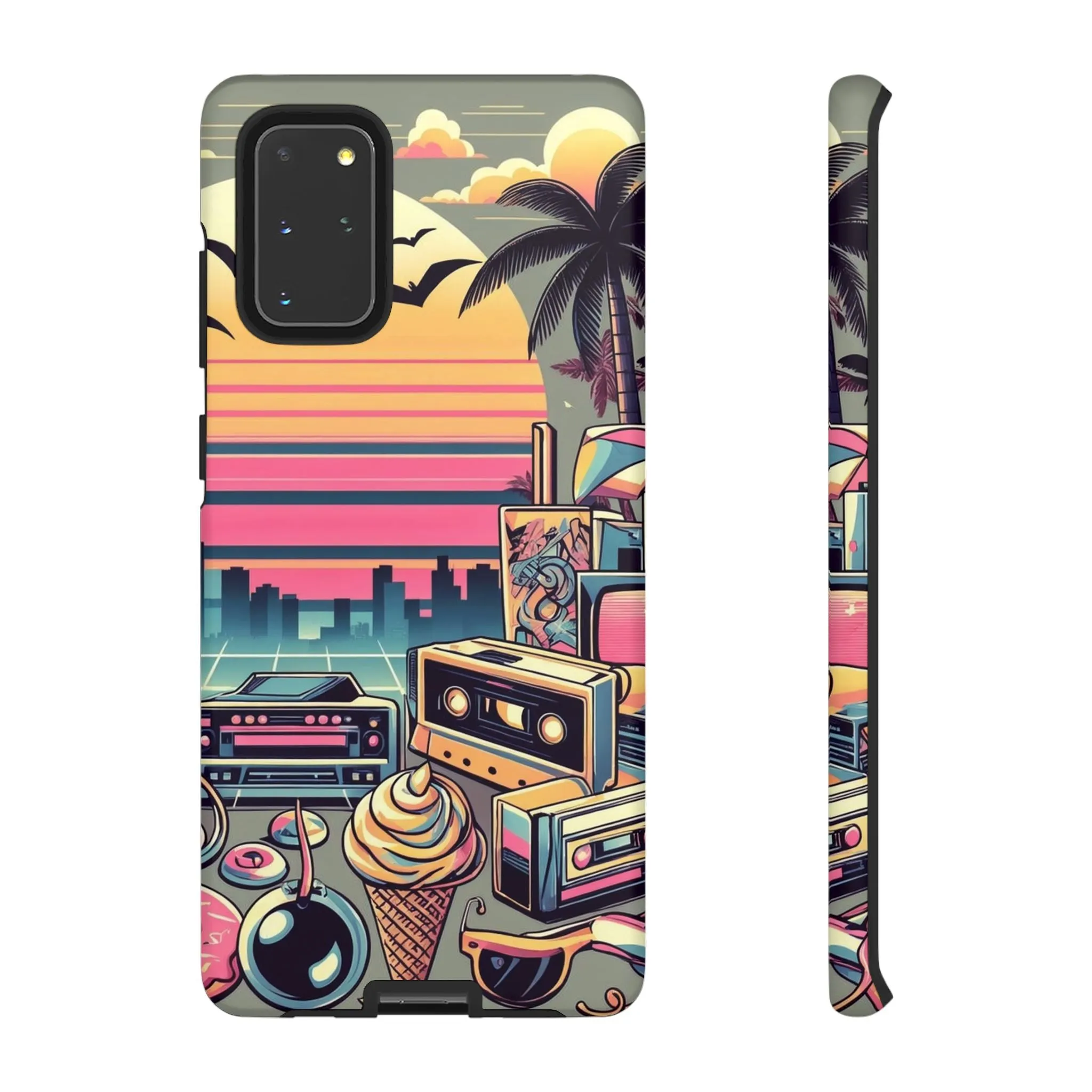 Who needs boring city skylines when you can have an epic sunset, palm trees, and 80s icons on your cell phone case?