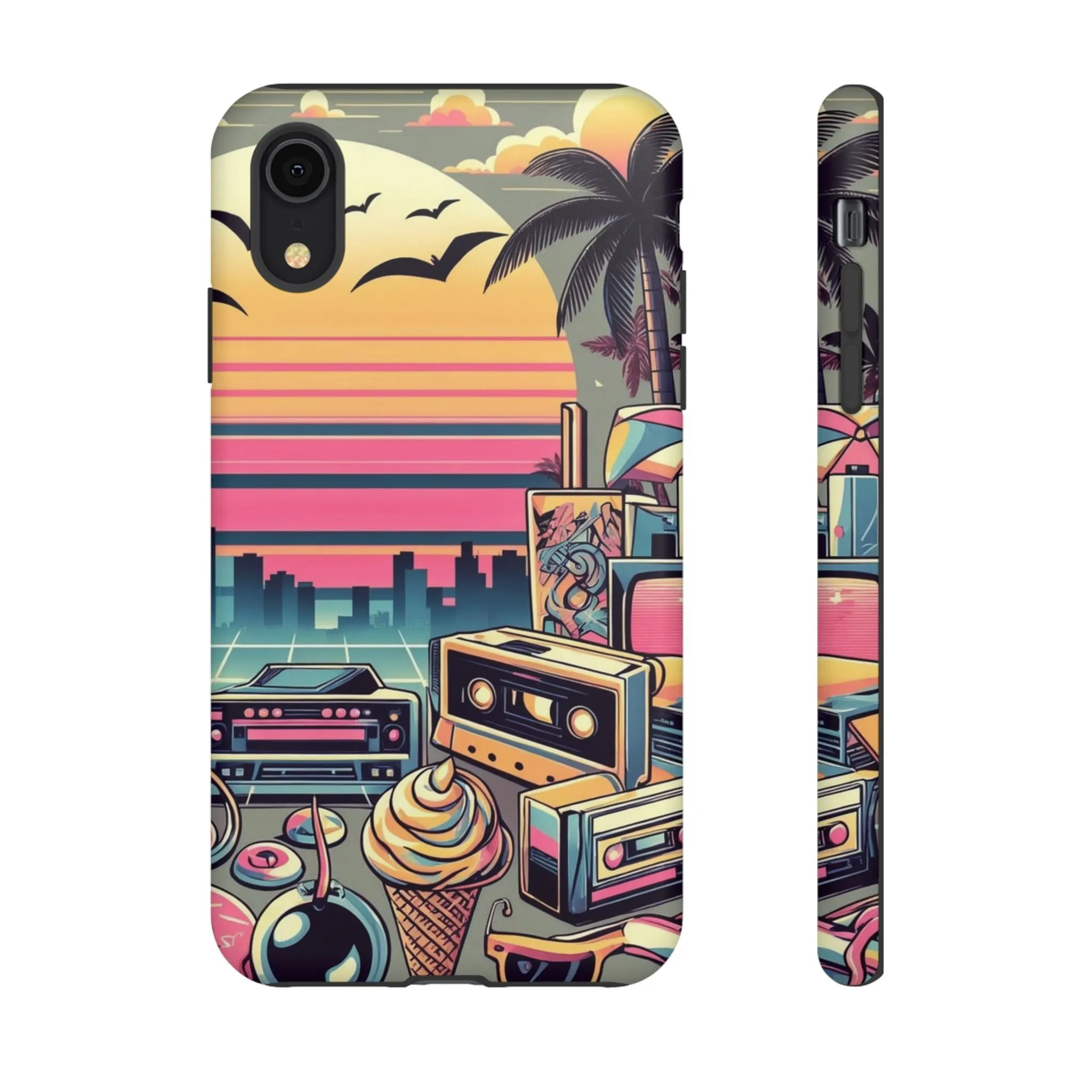 Who needs boring city skylines when you can have an epic sunset, palm trees, and 80s icons on your cell phone case?