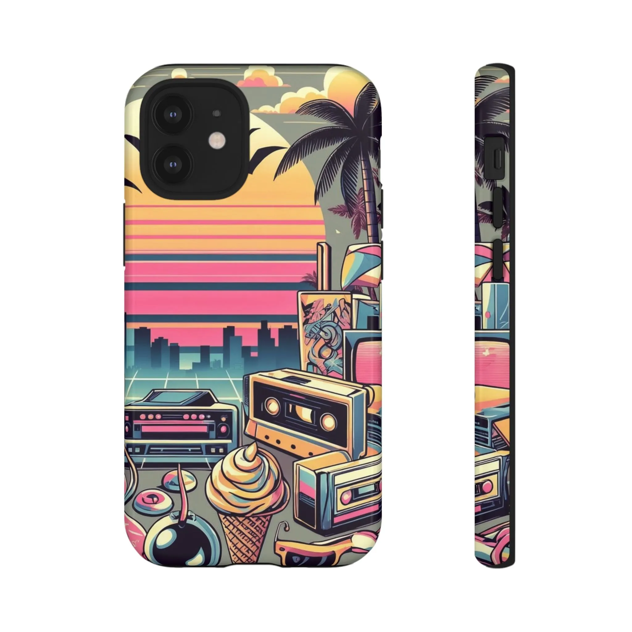 Who needs boring city skylines when you can have an epic sunset, palm trees, and 80s icons on your cell phone case?