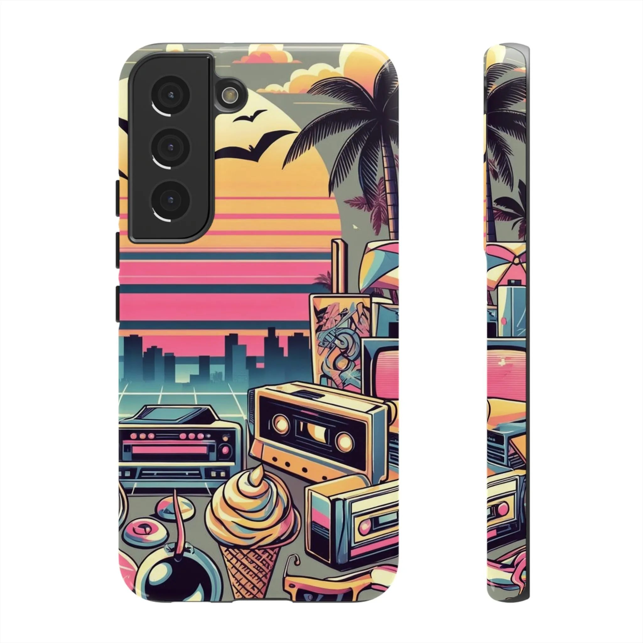 Who needs boring city skylines when you can have an epic sunset, palm trees, and 80s icons on your cell phone case?