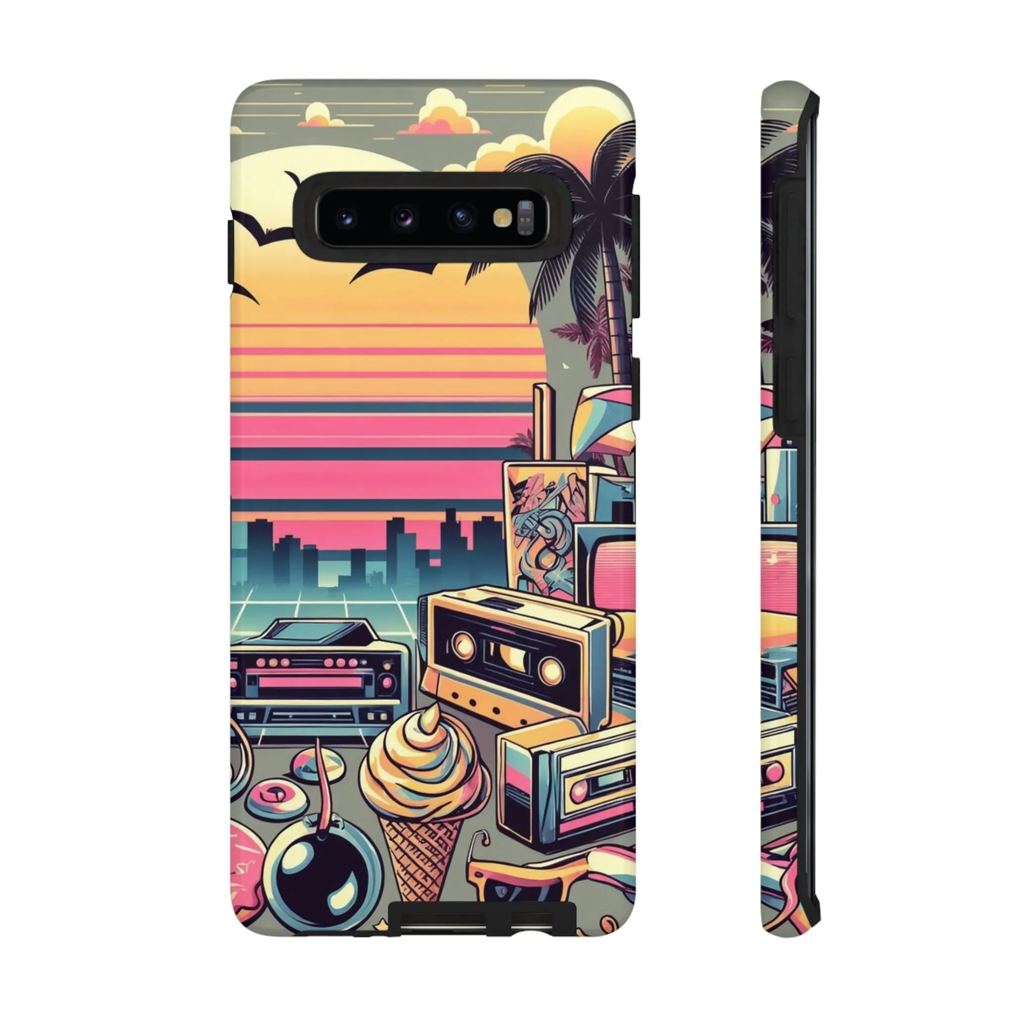 Who needs boring city skylines when you can have an epic sunset, palm trees, and 80s icons on your cell phone case?