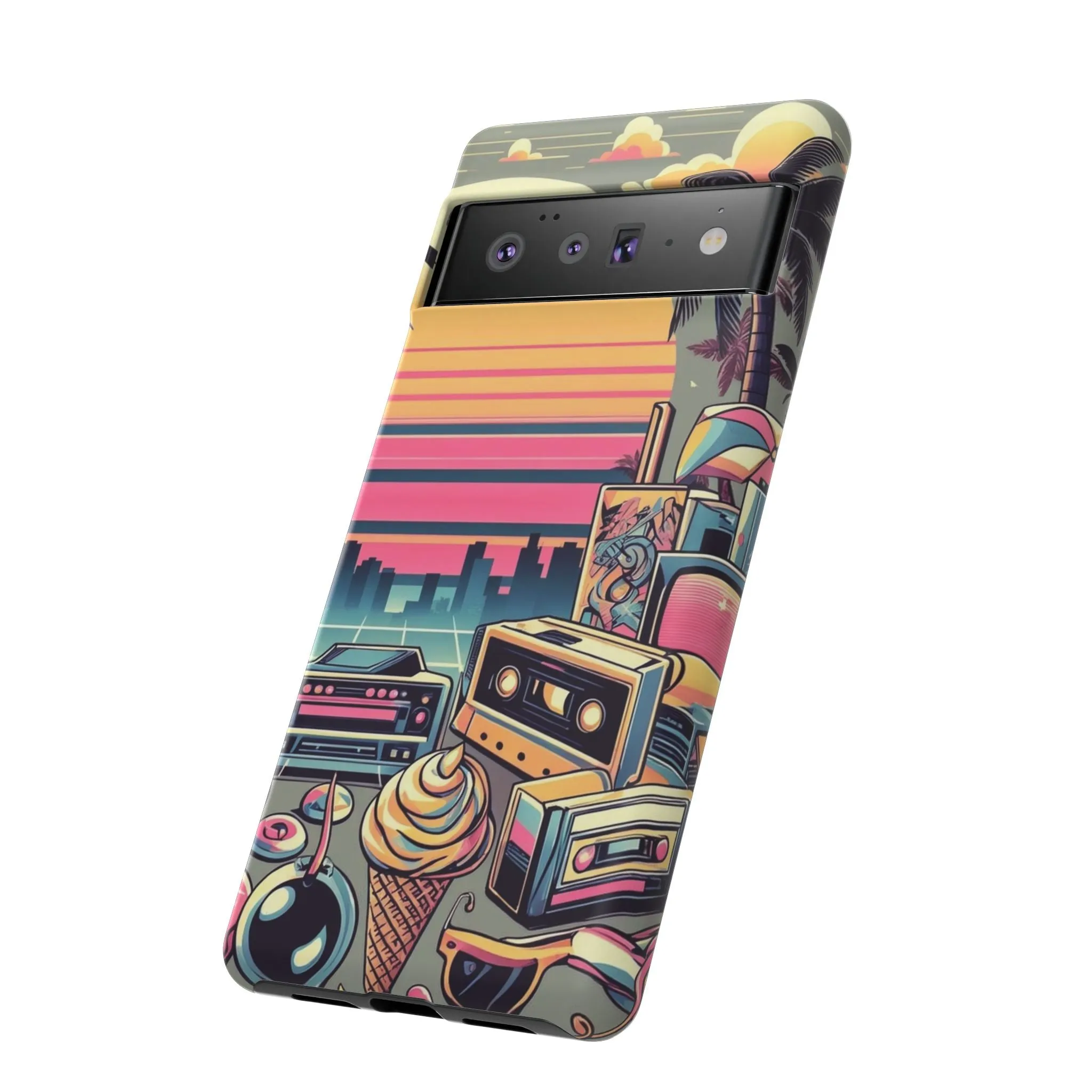 Who needs boring city skylines when you can have an epic sunset, palm trees, and 80s icons on your cell phone case?