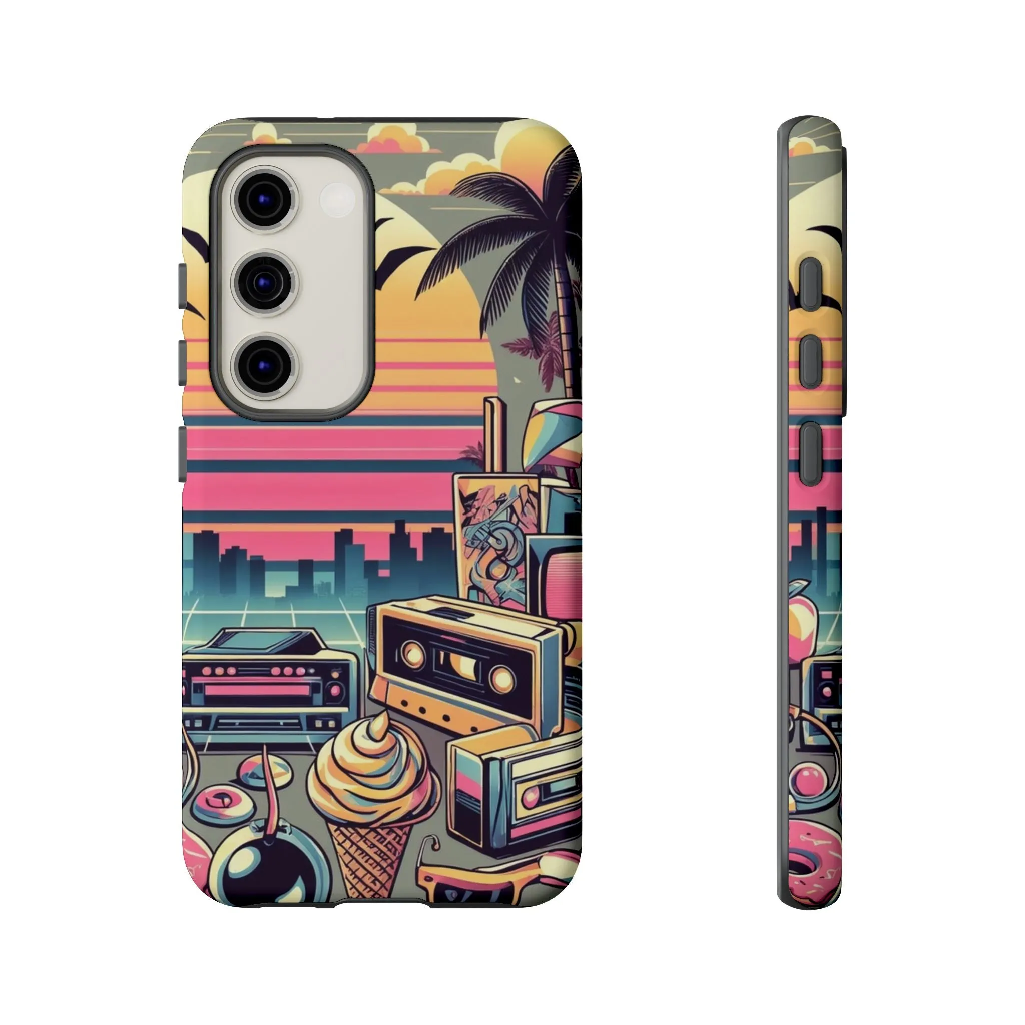 Who needs boring city skylines when you can have an epic sunset, palm trees, and 80s icons on your cell phone case?