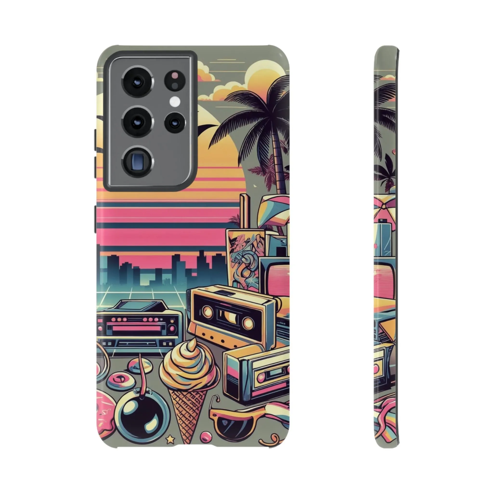 Who needs boring city skylines when you can have an epic sunset, palm trees, and 80s icons on your cell phone case?