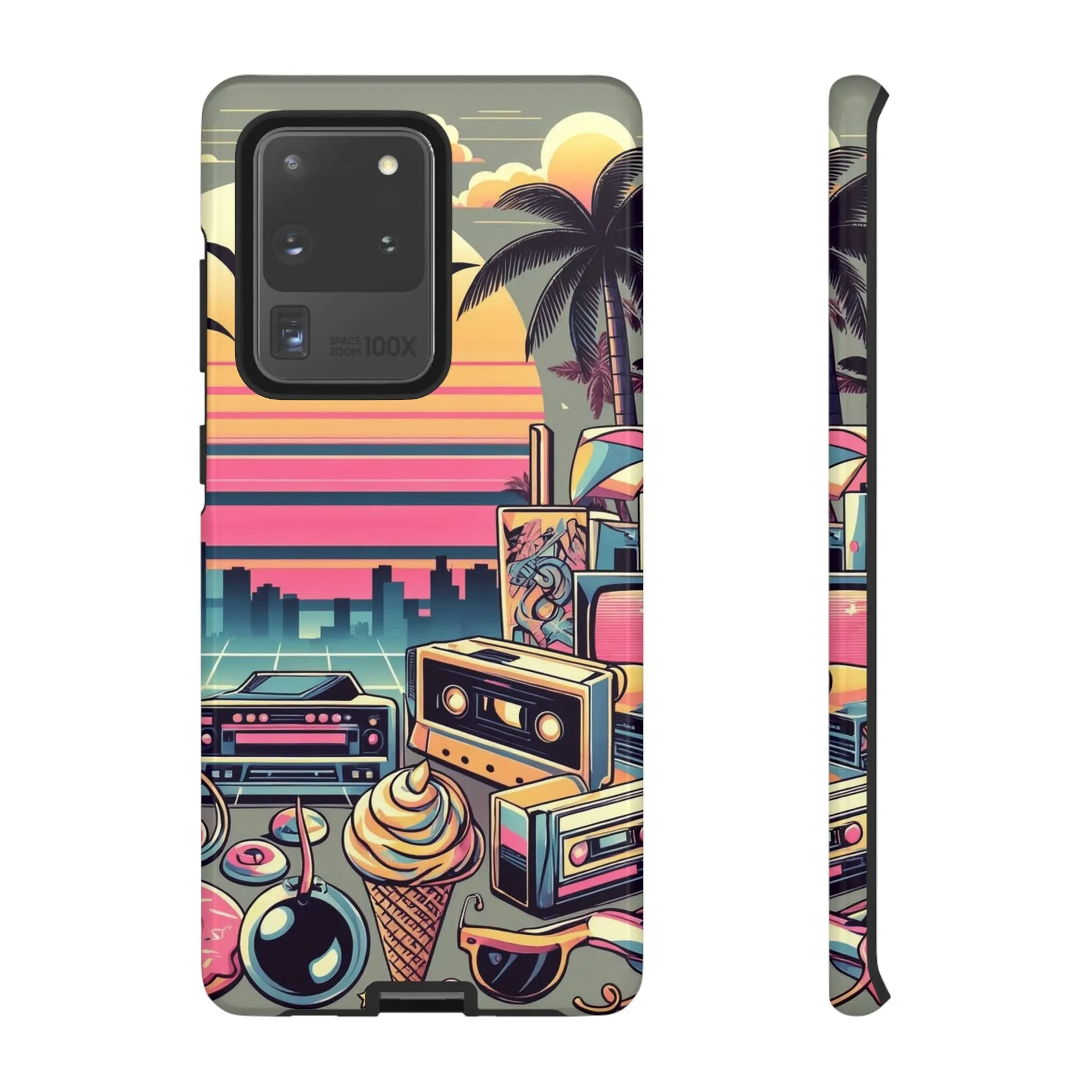 Who needs boring city skylines when you can have an epic sunset, palm trees, and 80s icons on your cell phone case?