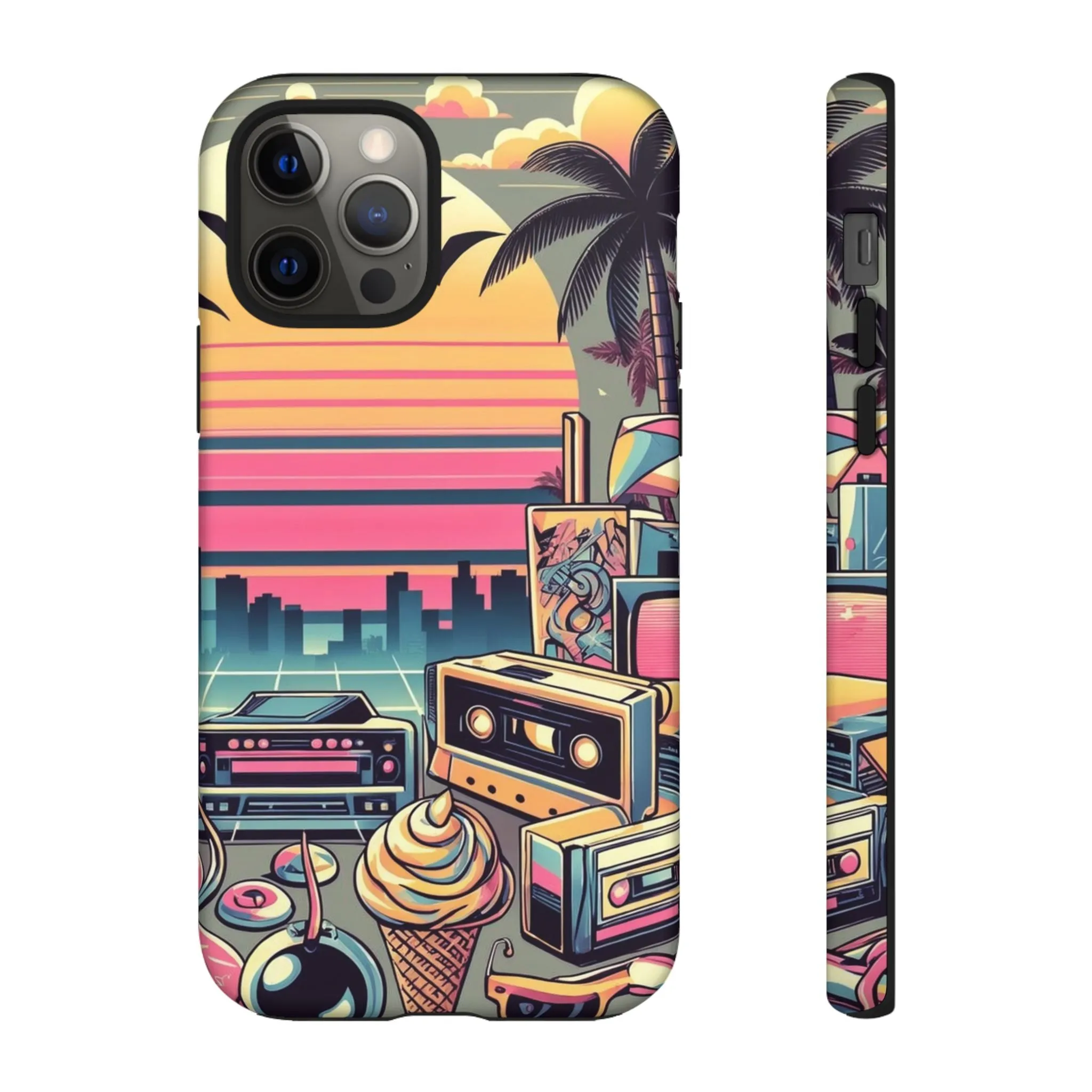 Who needs boring city skylines when you can have an epic sunset, palm trees, and 80s icons on your cell phone case?