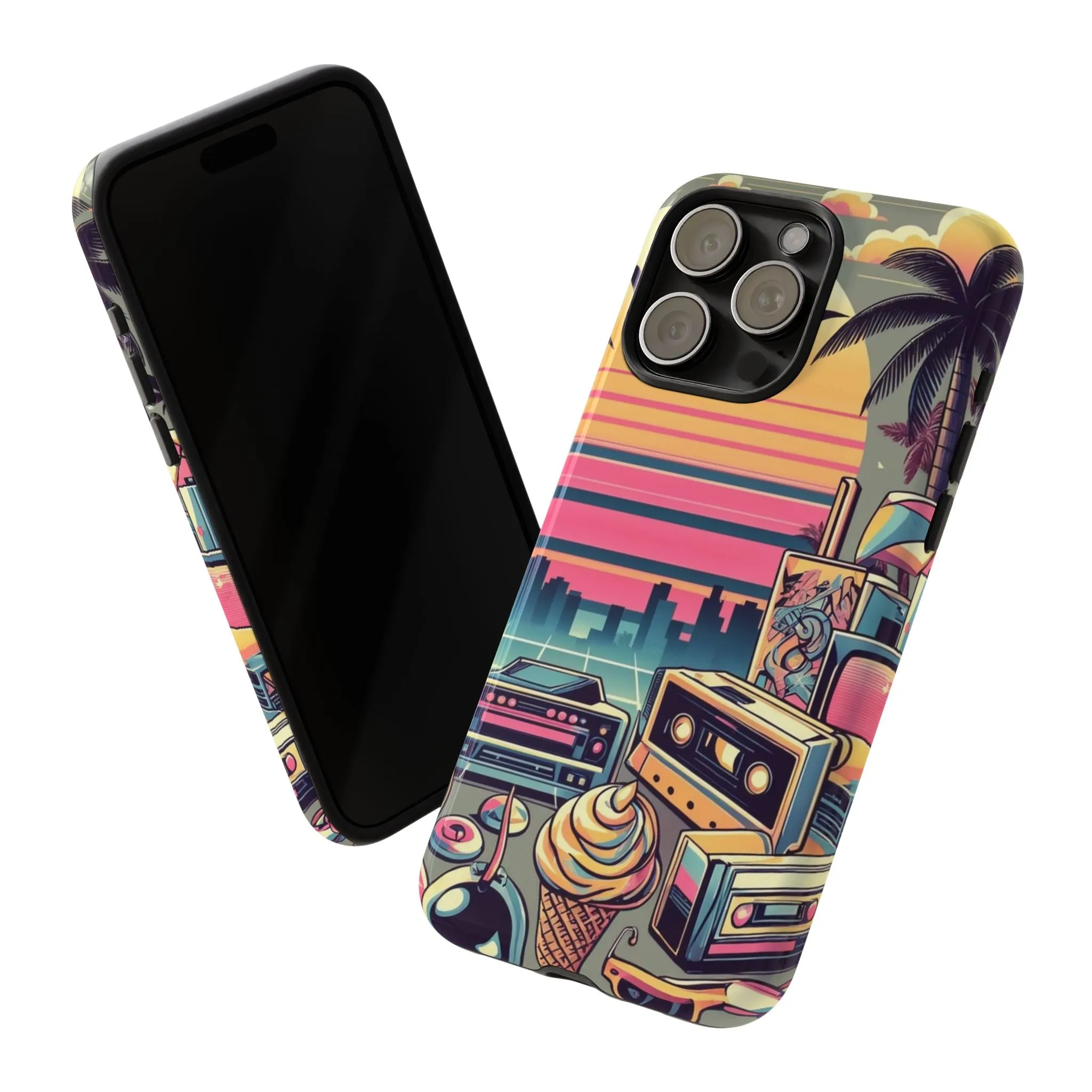 Who needs boring city skylines when you can have an epic sunset, palm trees, and 80s icons on your cell phone case?