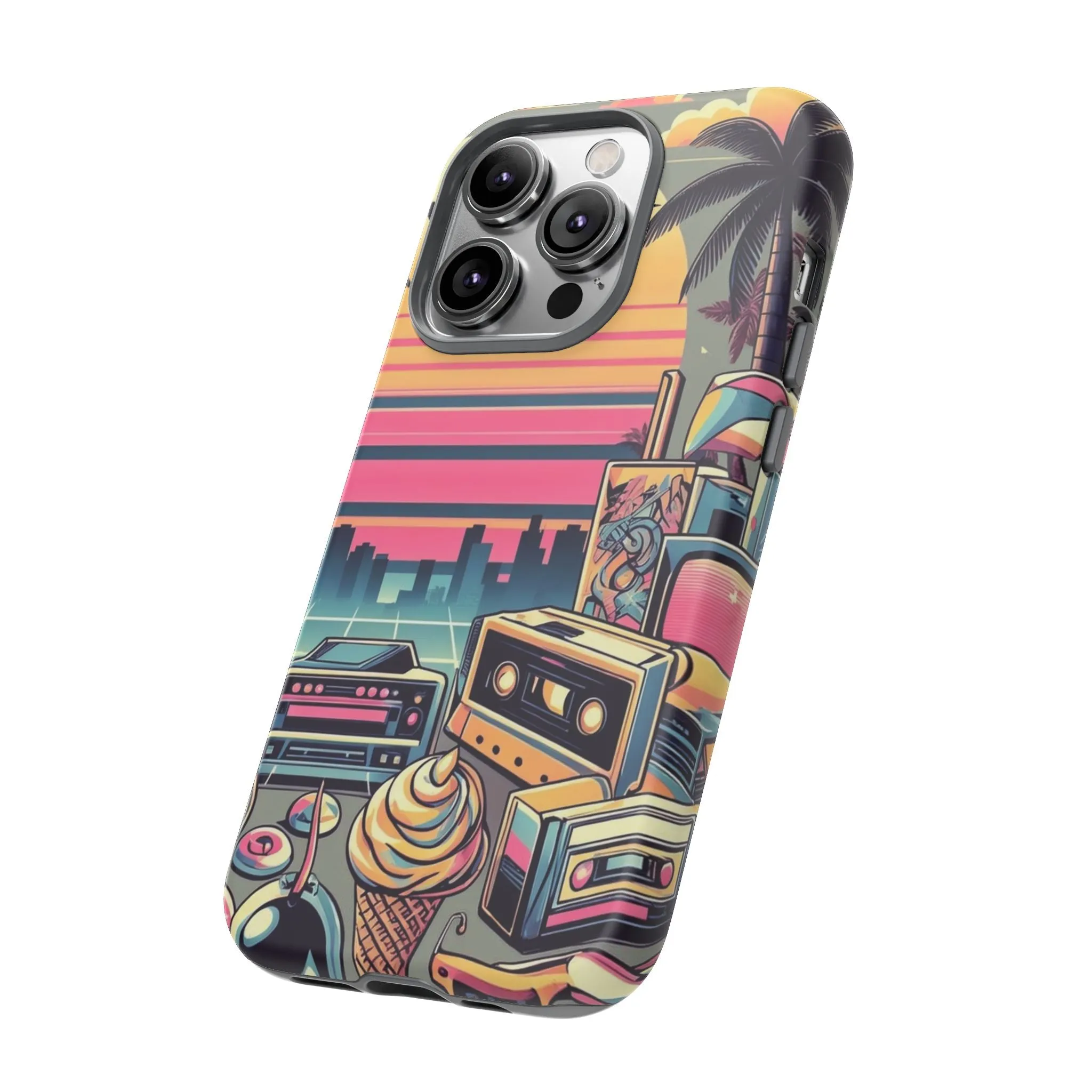 Who needs boring city skylines when you can have an epic sunset, palm trees, and 80s icons on your cell phone case?