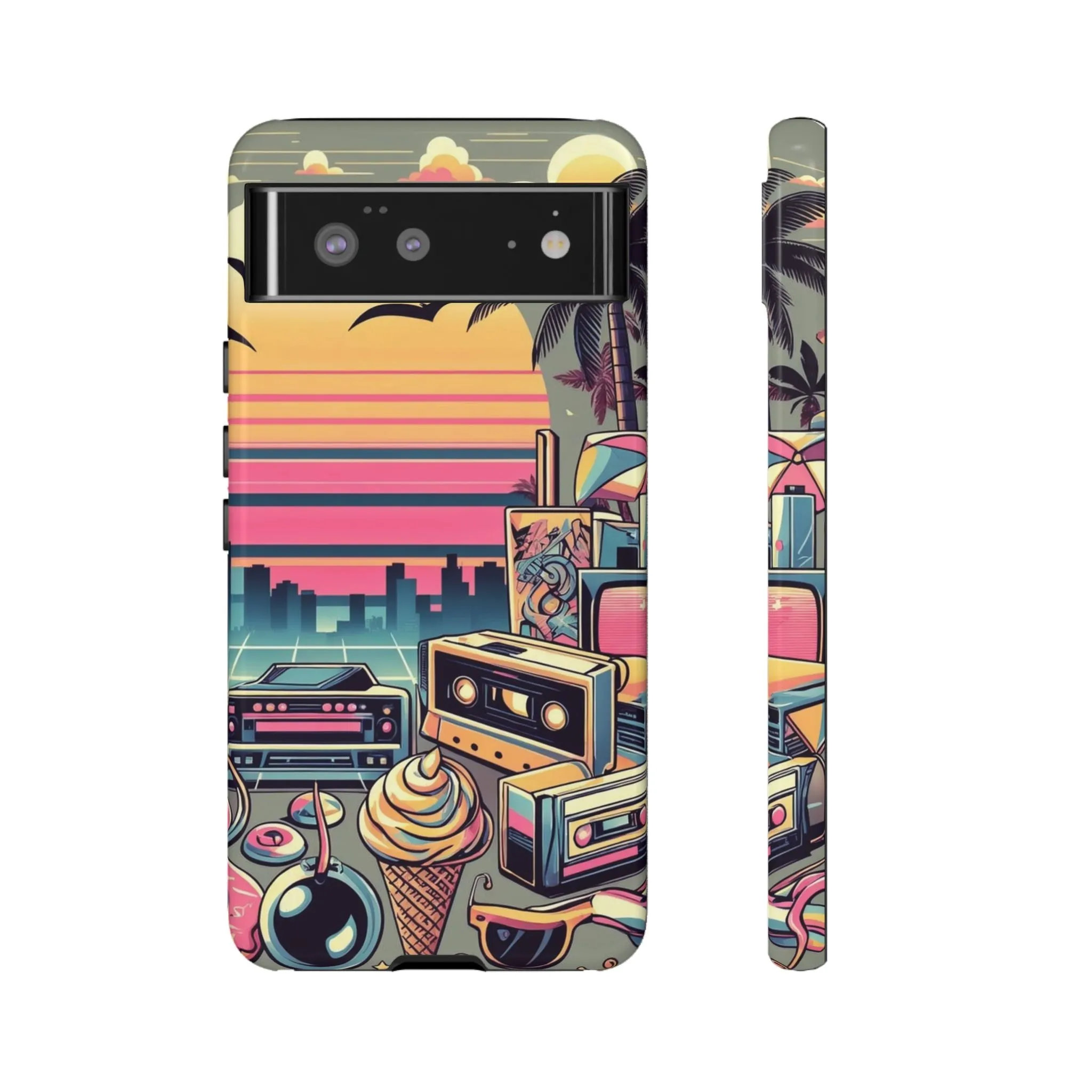 Who needs boring city skylines when you can have an epic sunset, palm trees, and 80s icons on your cell phone case?