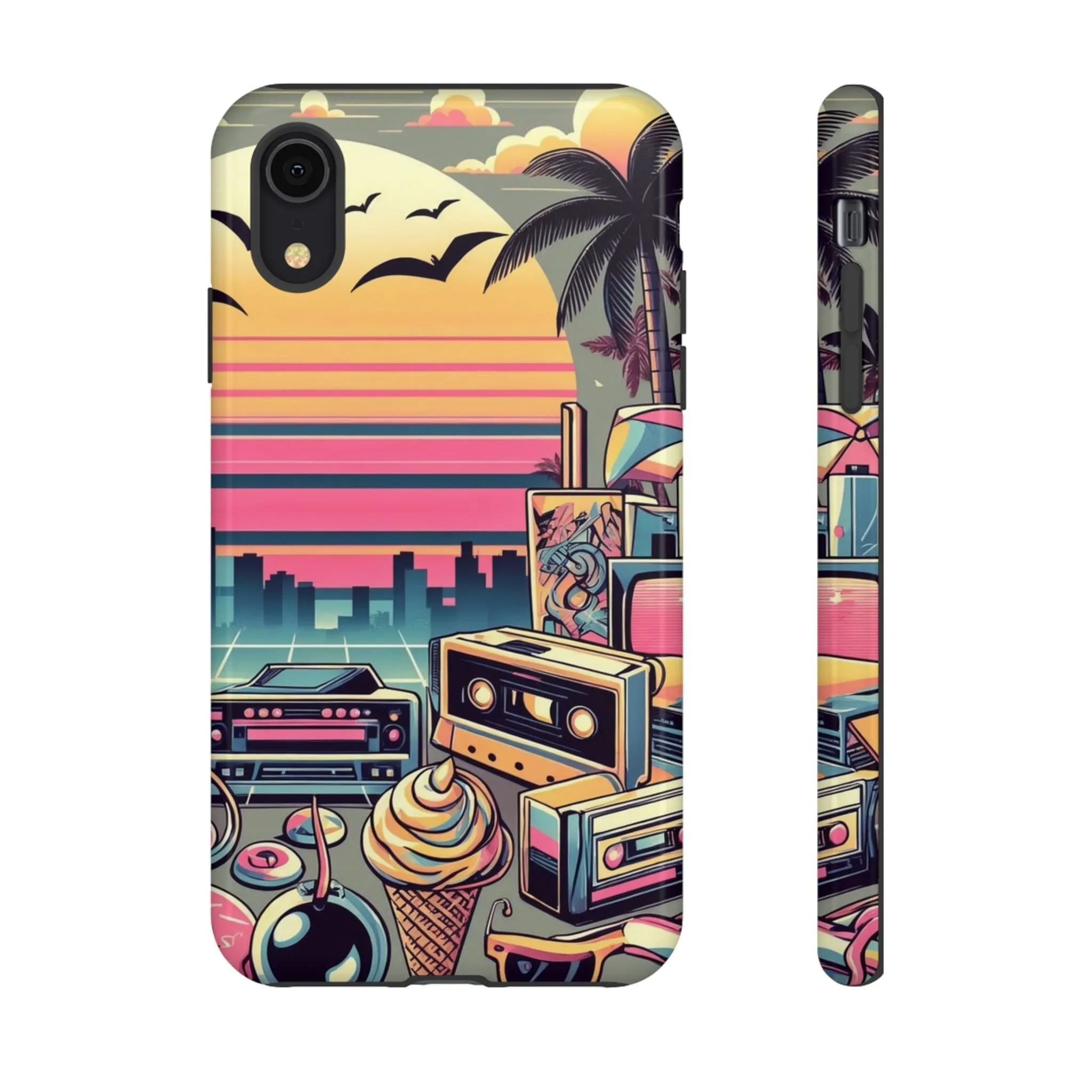 Who needs boring city skylines when you can have an epic sunset, palm trees, and 80s icons on your cell phone case?