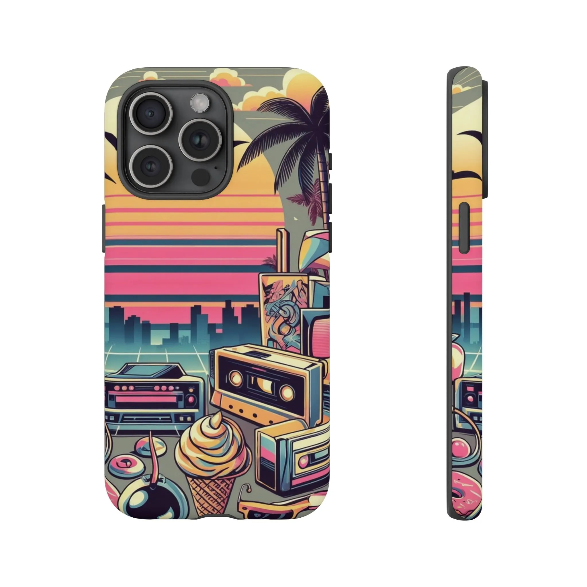 Who needs boring city skylines when you can have an epic sunset, palm trees, and 80s icons on your cell phone case?