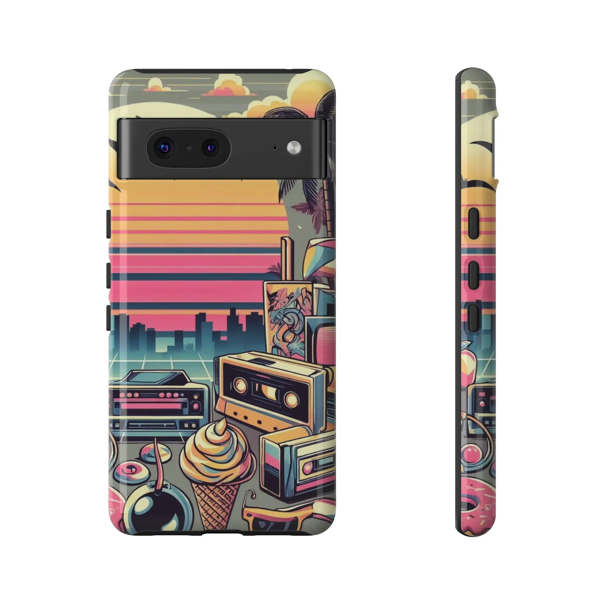 Who needs boring city skylines when you can have an epic sunset, palm trees, and 80s icons on your cell phone case?