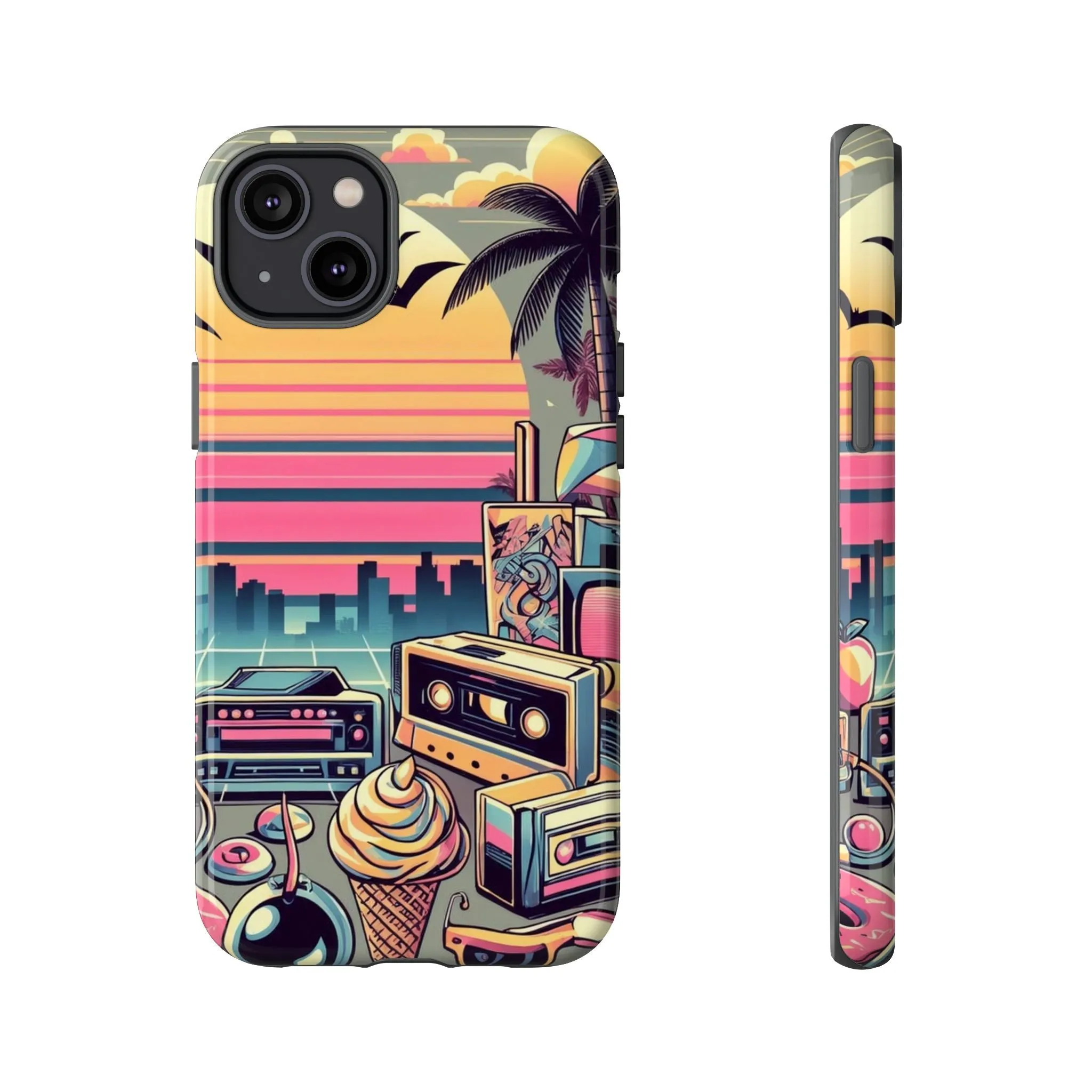 Who needs boring city skylines when you can have an epic sunset, palm trees, and 80s icons on your cell phone case?