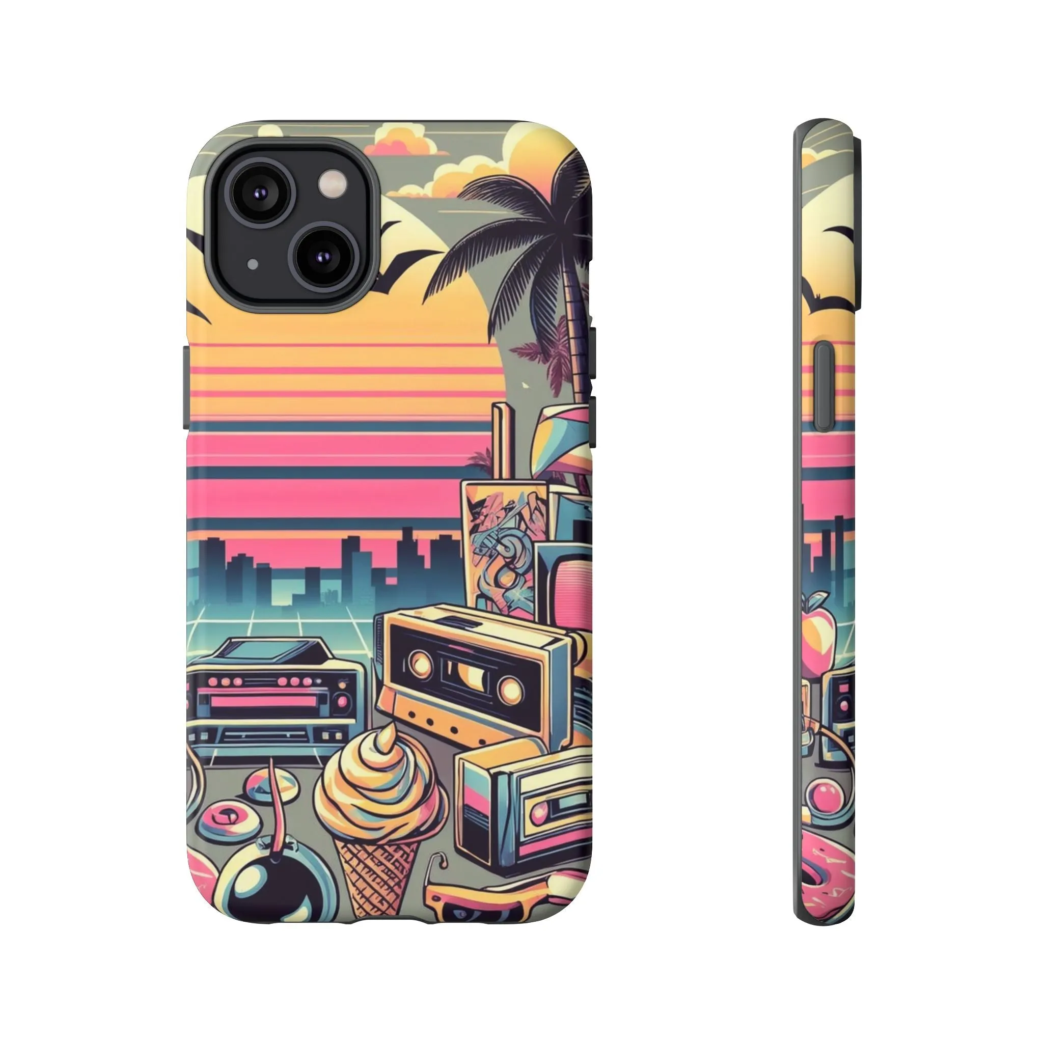 Who needs boring city skylines when you can have an epic sunset, palm trees, and 80s icons on your cell phone case?