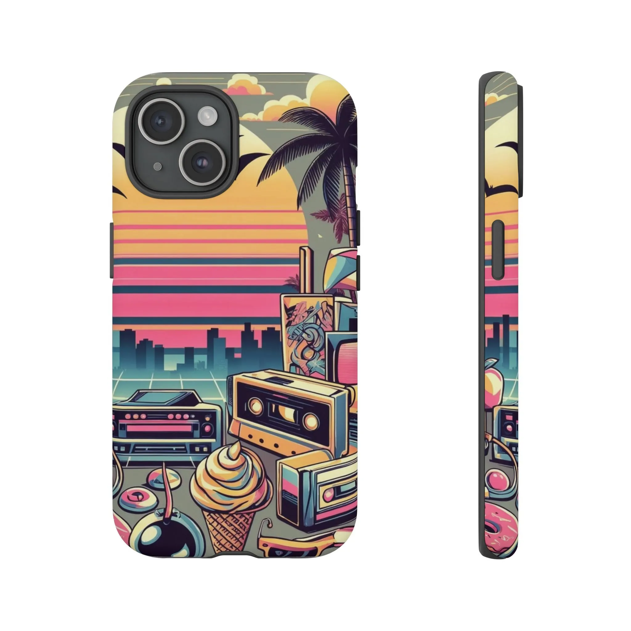 Who needs boring city skylines when you can have an epic sunset, palm trees, and 80s icons on your cell phone case?