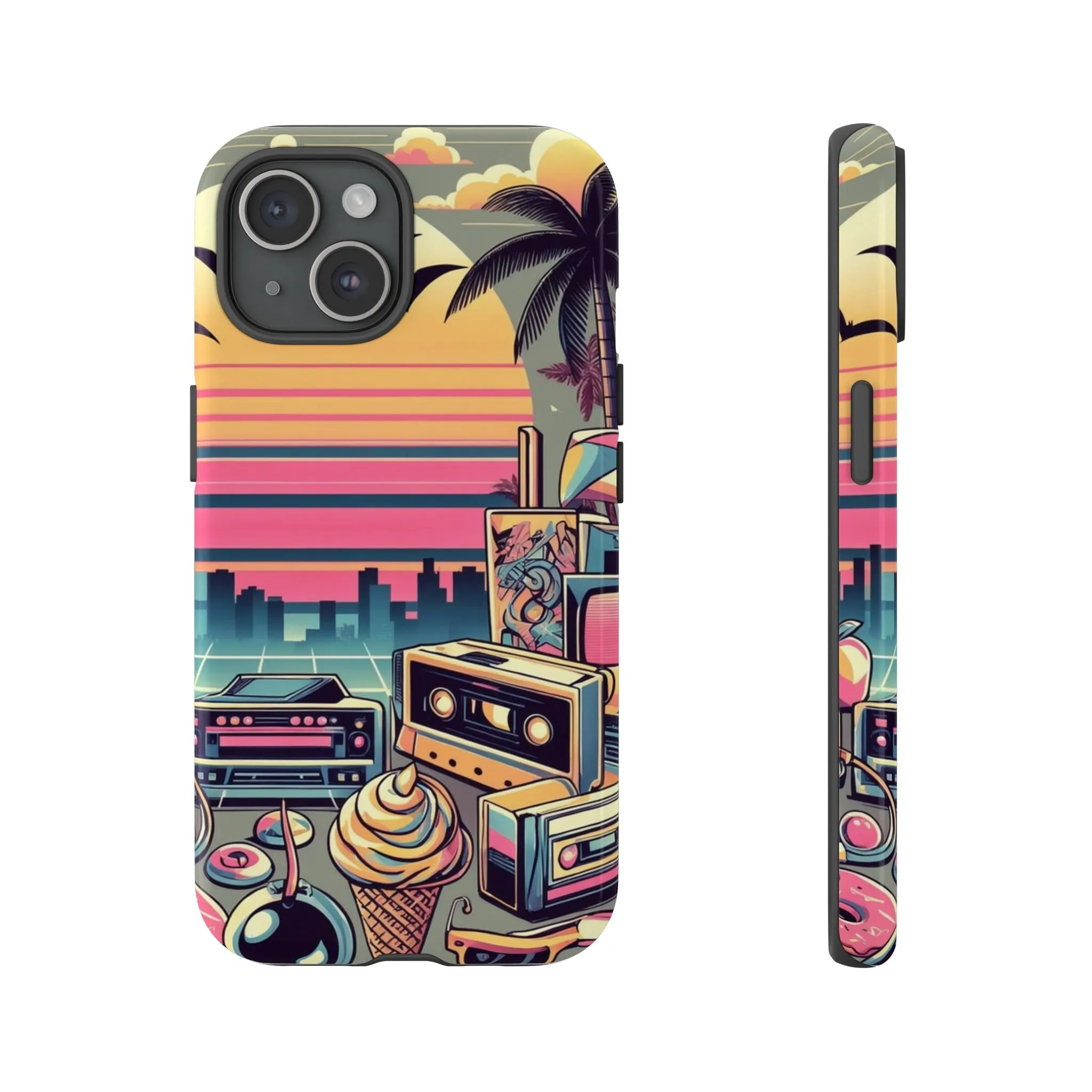 Who needs boring city skylines when you can have an epic sunset, palm trees, and 80s icons on your cell phone case?