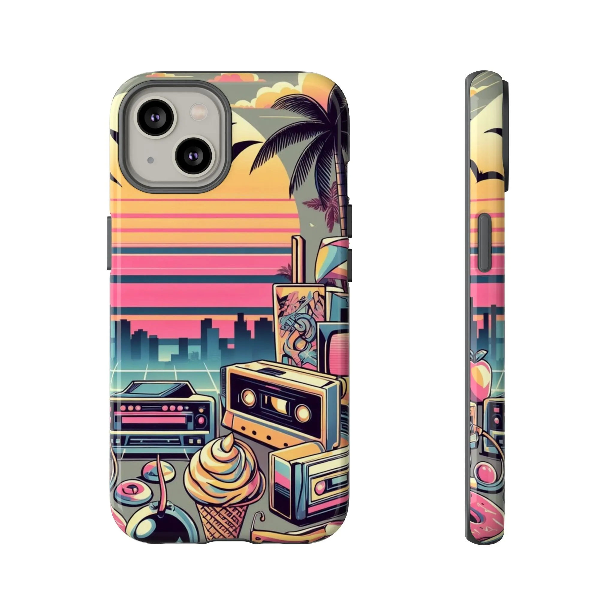 Who needs boring city skylines when you can have an epic sunset, palm trees, and 80s icons on your cell phone case?