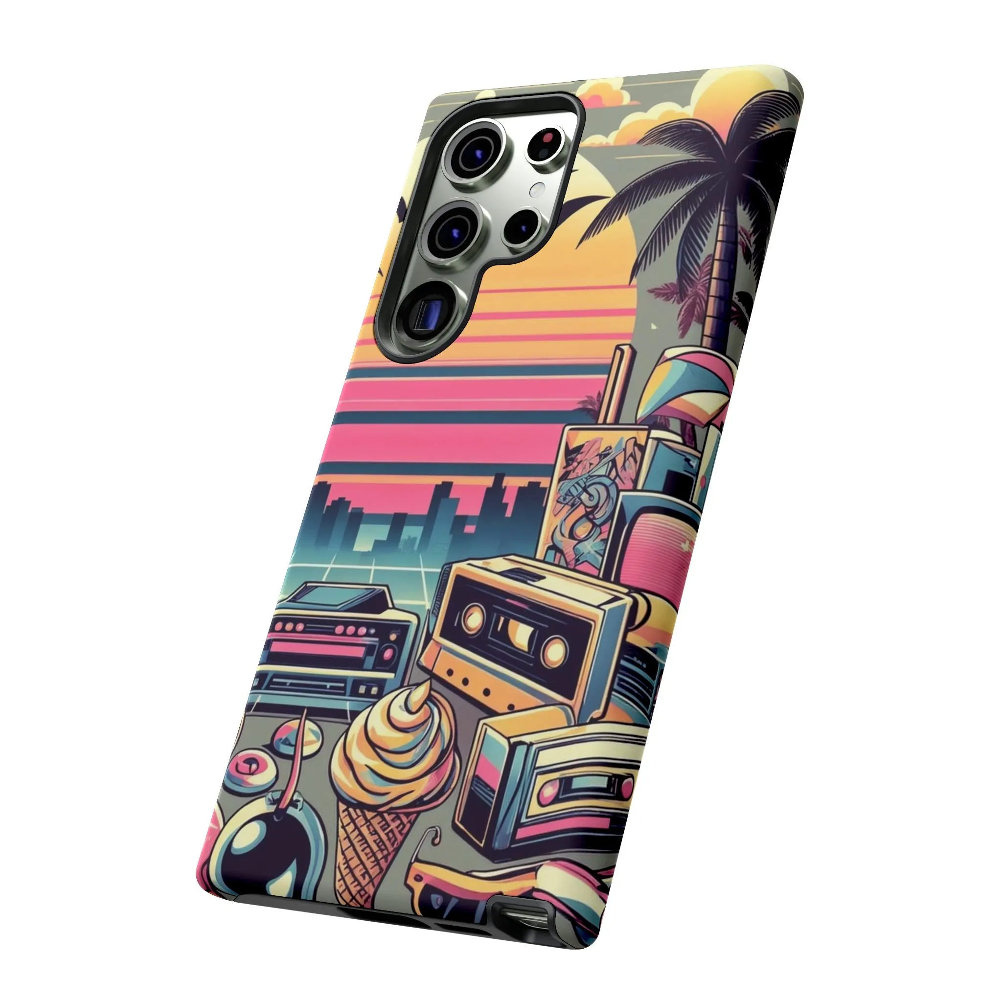 Who needs boring city skylines when you can have an epic sunset, palm trees, and 80s icons on your cell phone case?