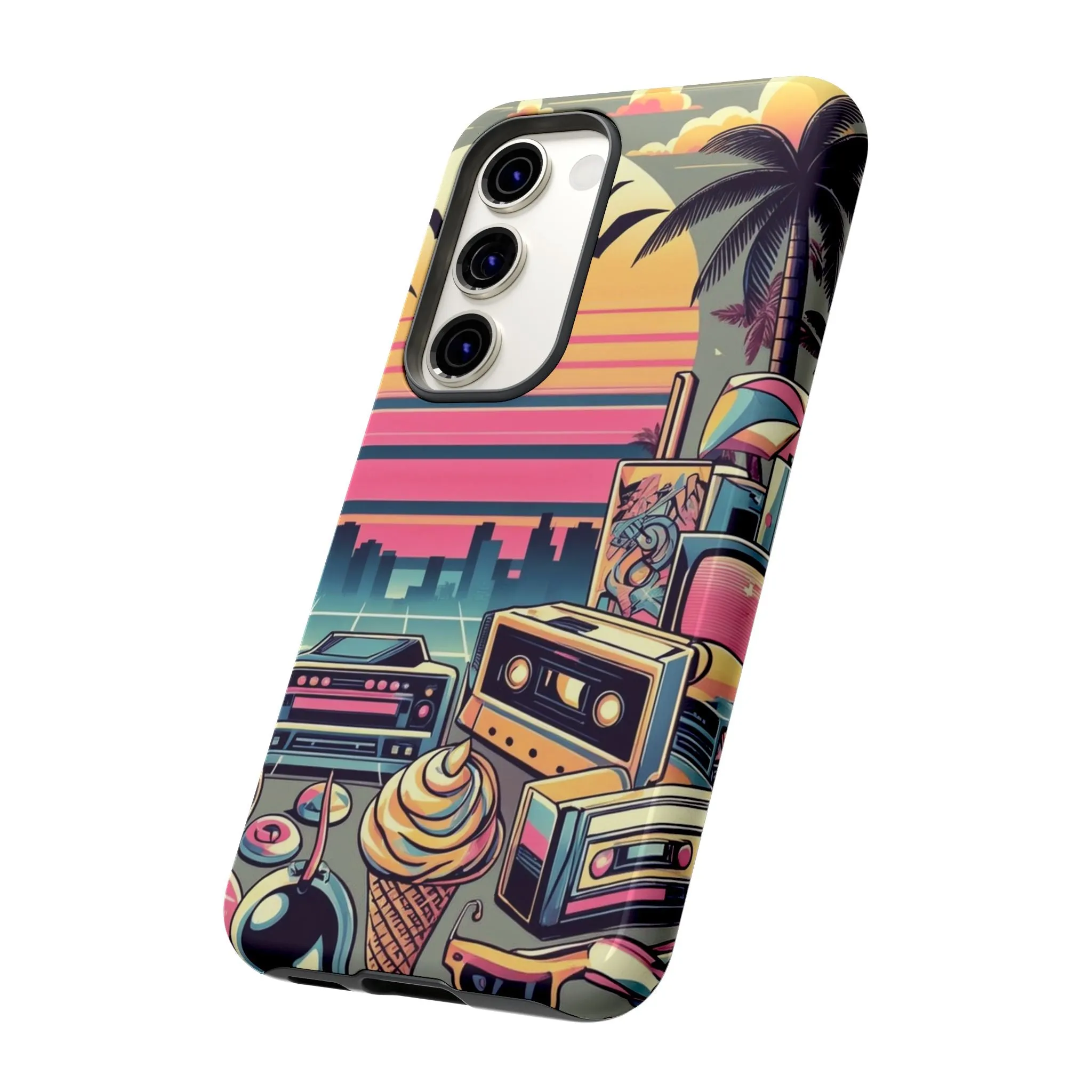 Who needs boring city skylines when you can have an epic sunset, palm trees, and 80s icons on your cell phone case?