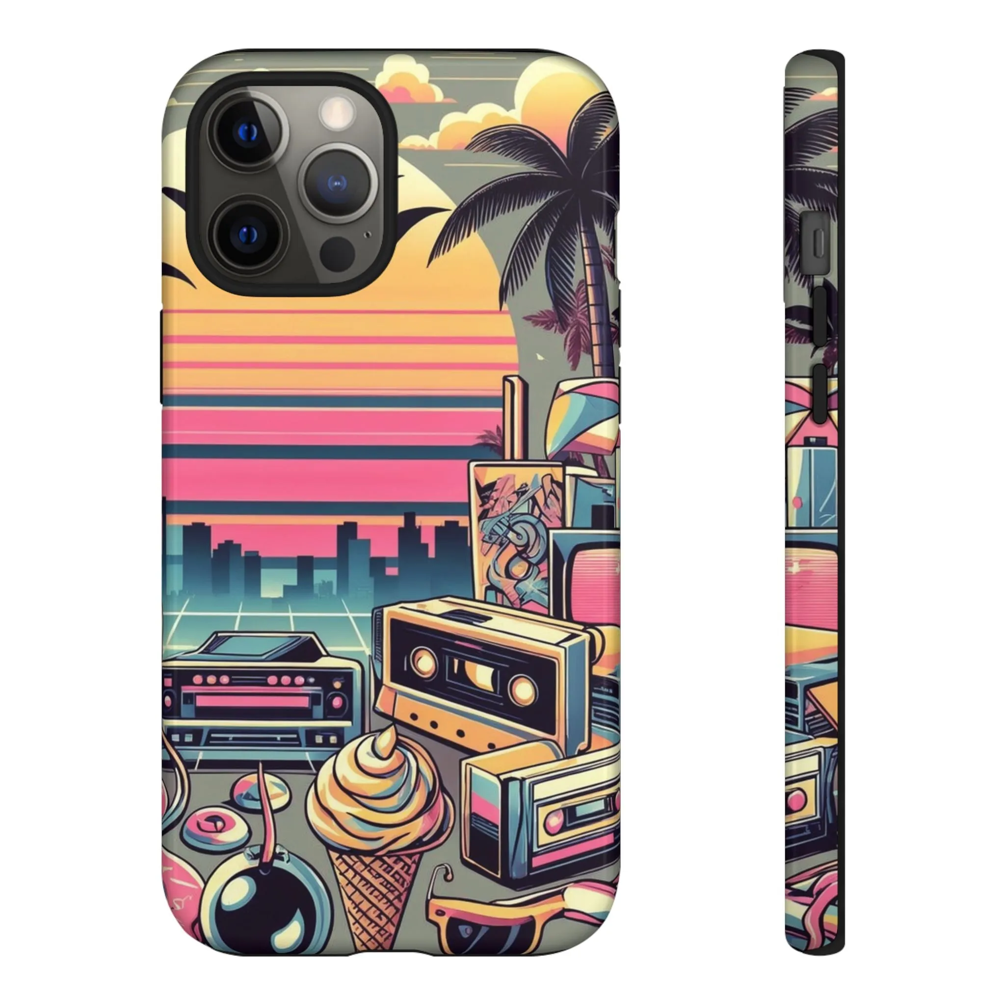 Who needs boring city skylines when you can have an epic sunset, palm trees, and 80s icons on your cell phone case?