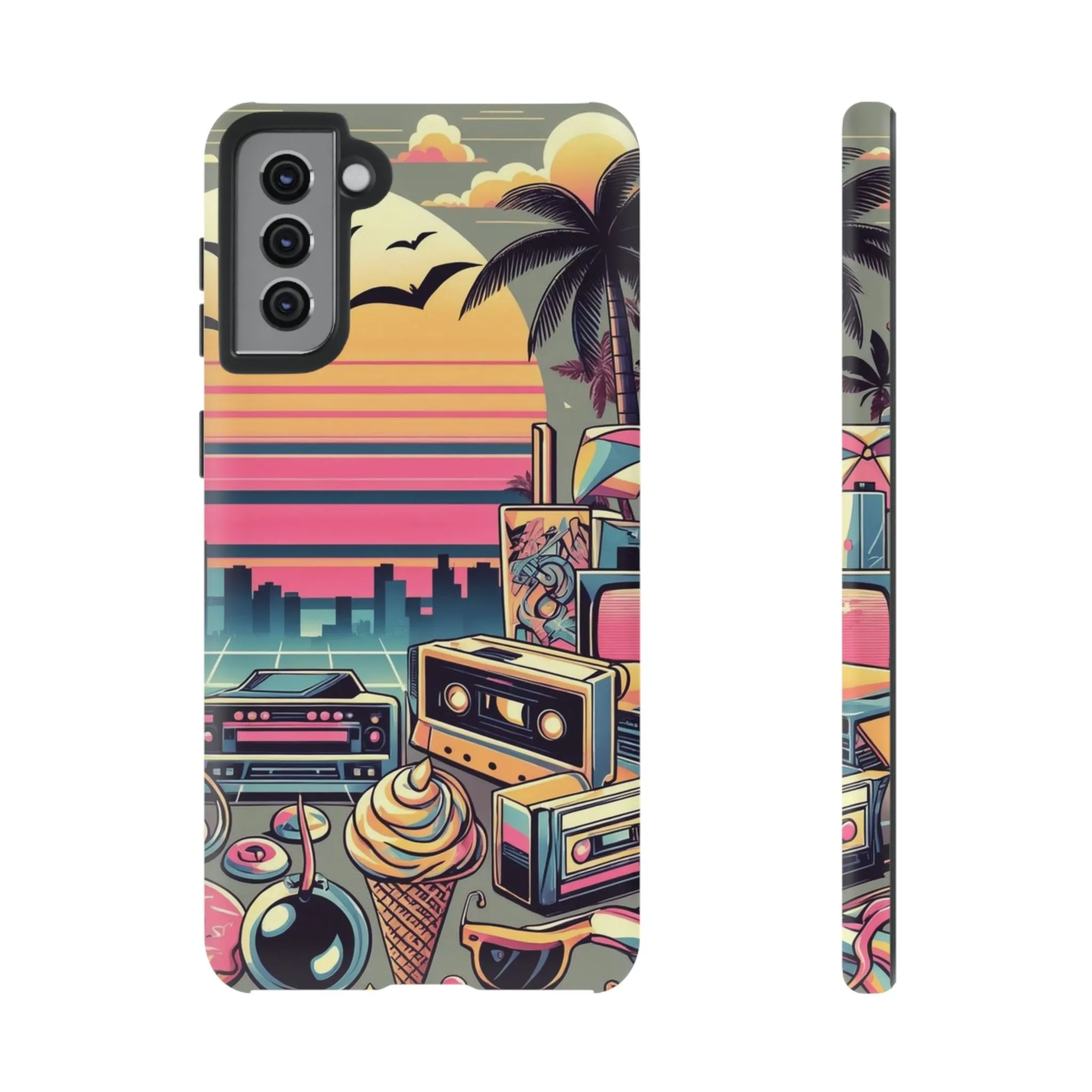 Who needs boring city skylines when you can have an epic sunset, palm trees, and 80s icons on your cell phone case?