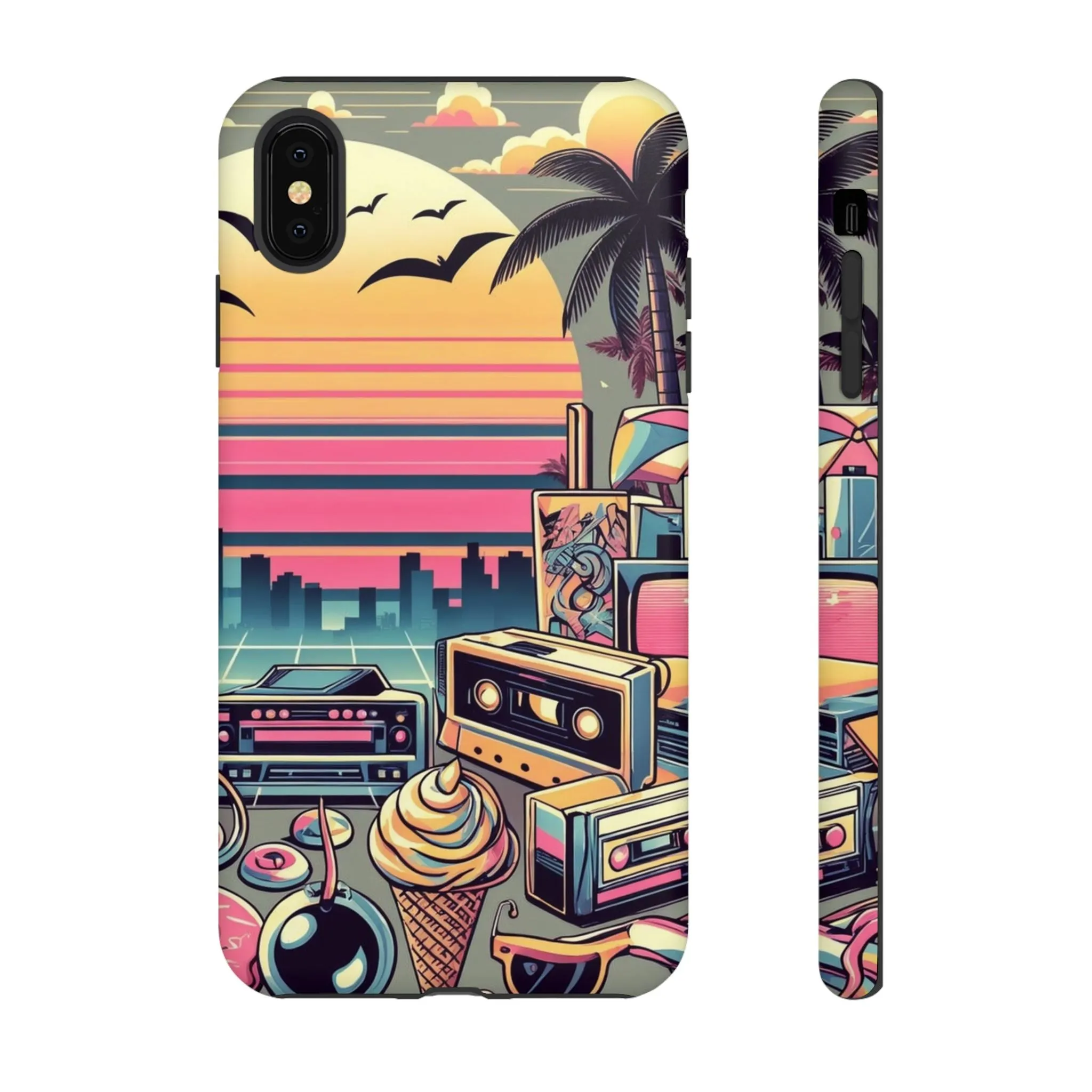 Who needs boring city skylines when you can have an epic sunset, palm trees, and 80s icons on your cell phone case?