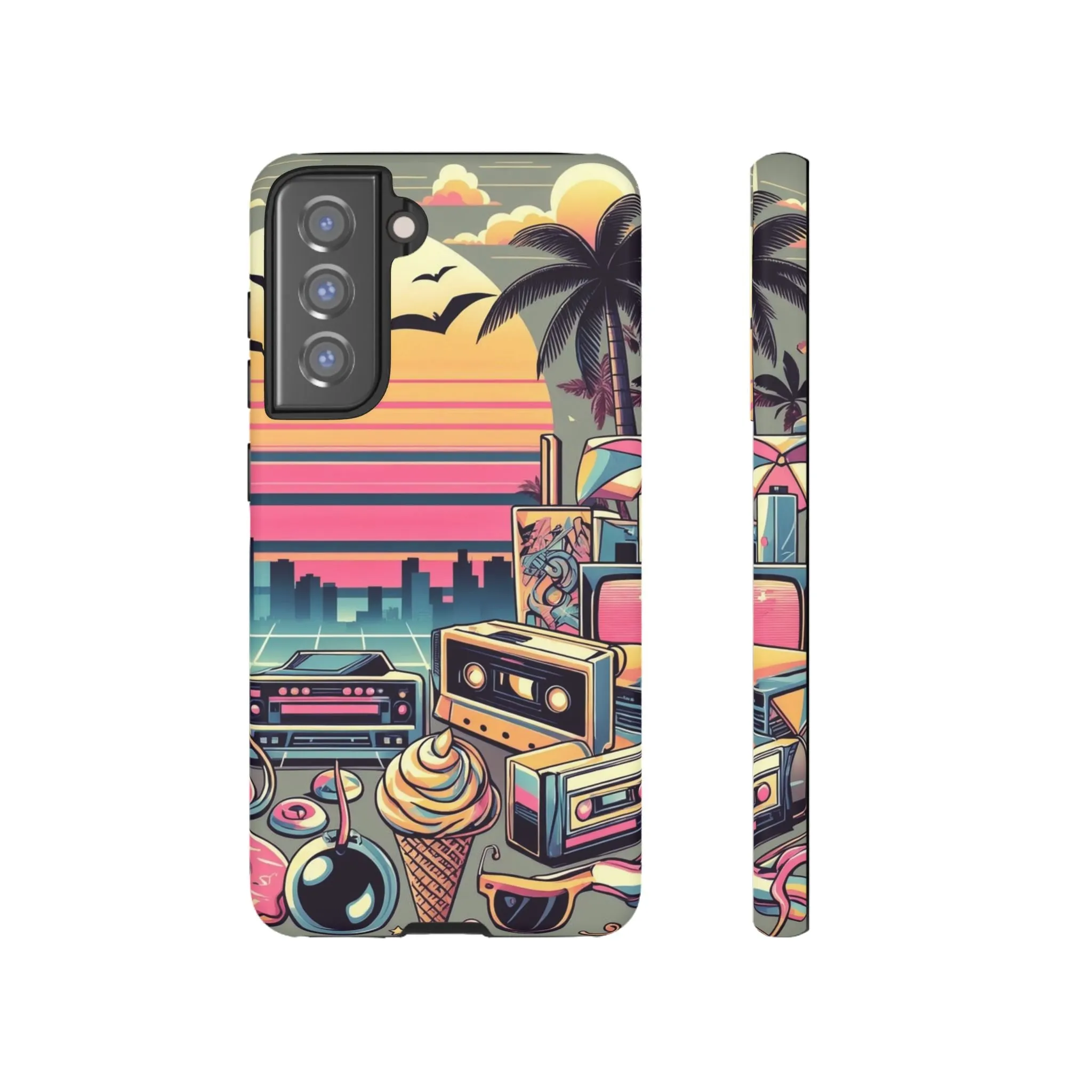 Who needs boring city skylines when you can have an epic sunset, palm trees, and 80s icons on your cell phone case?