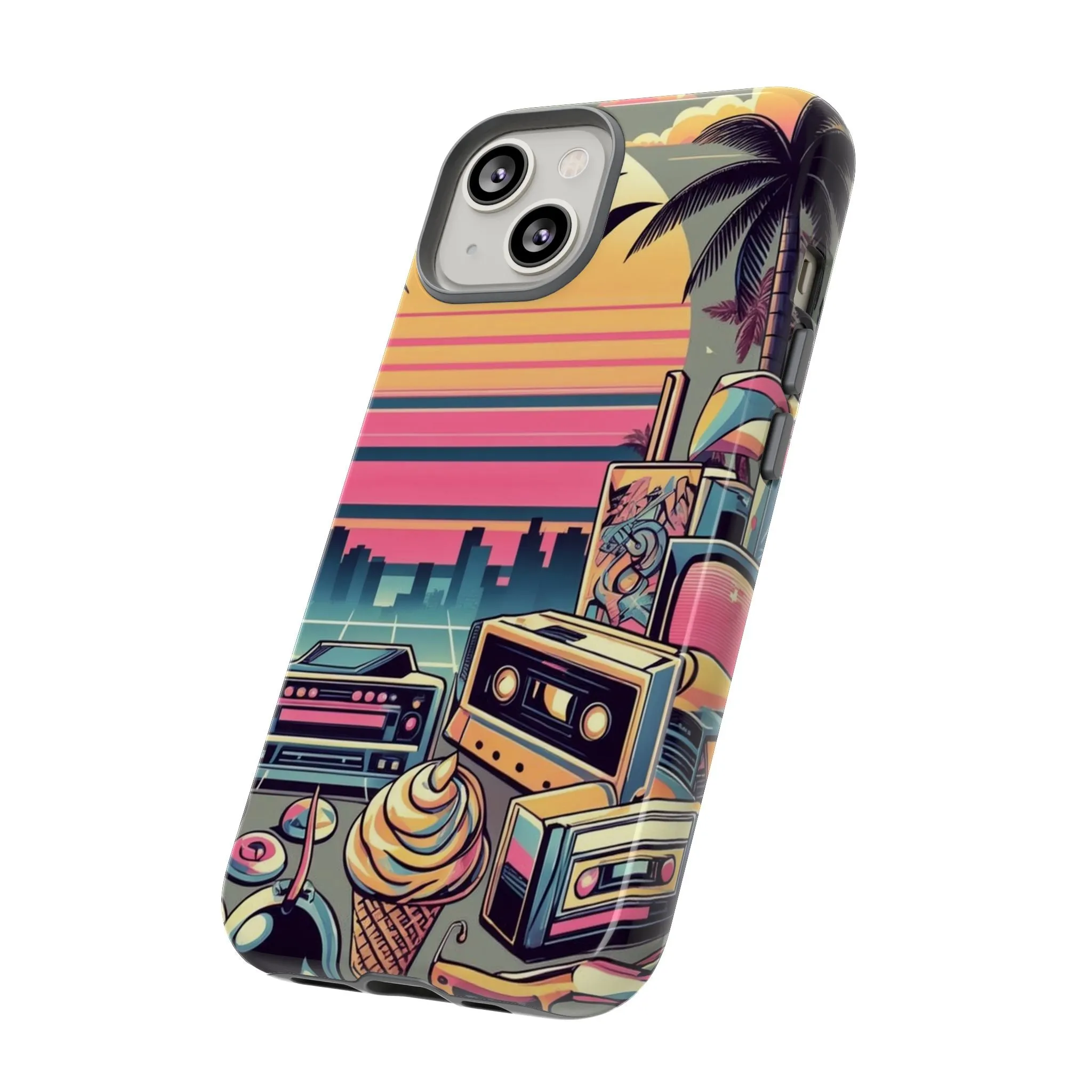 Who needs boring city skylines when you can have an epic sunset, palm trees, and 80s icons on your cell phone case?