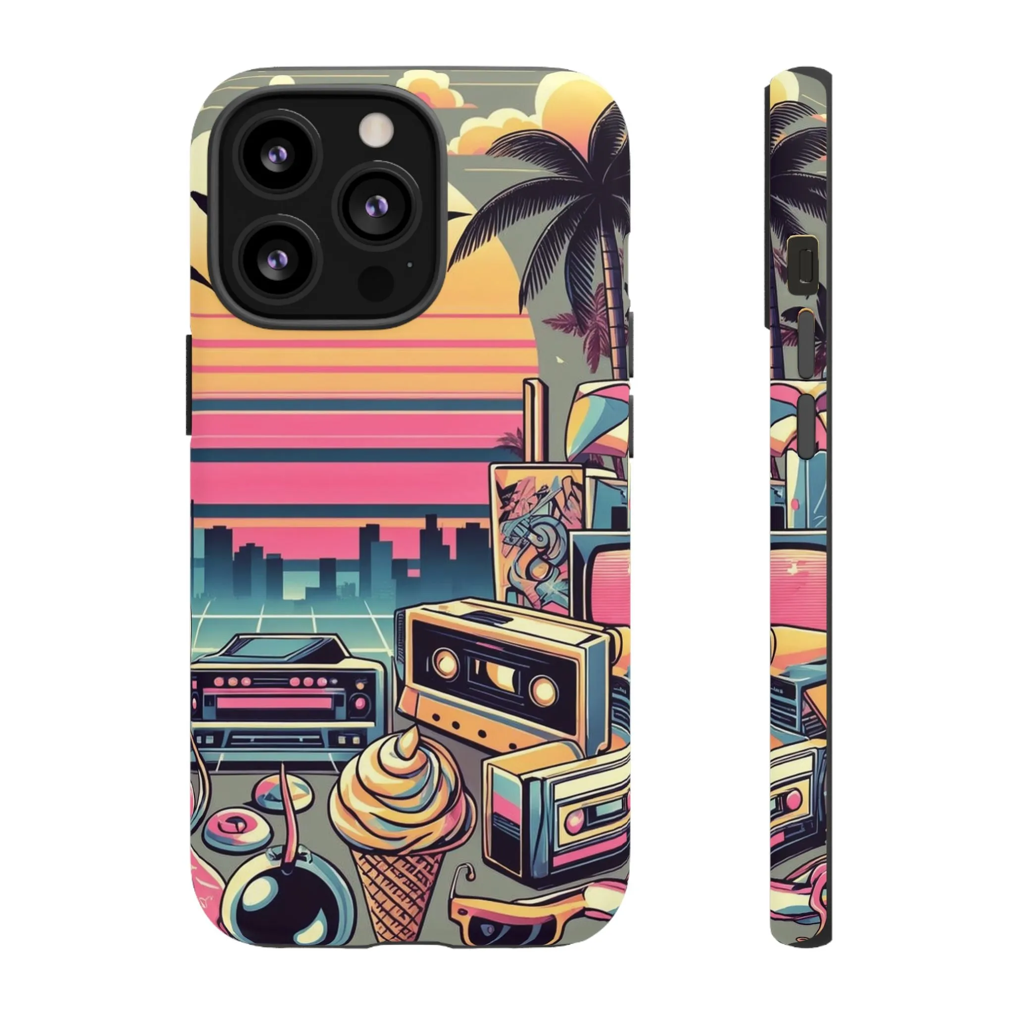 Who needs boring city skylines when you can have an epic sunset, palm trees, and 80s icons on your cell phone case?