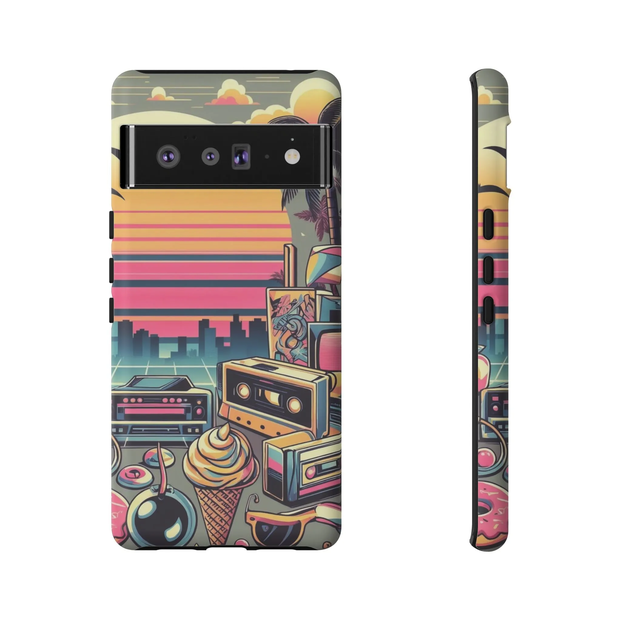 Who needs boring city skylines when you can have an epic sunset, palm trees, and 80s icons on your cell phone case?