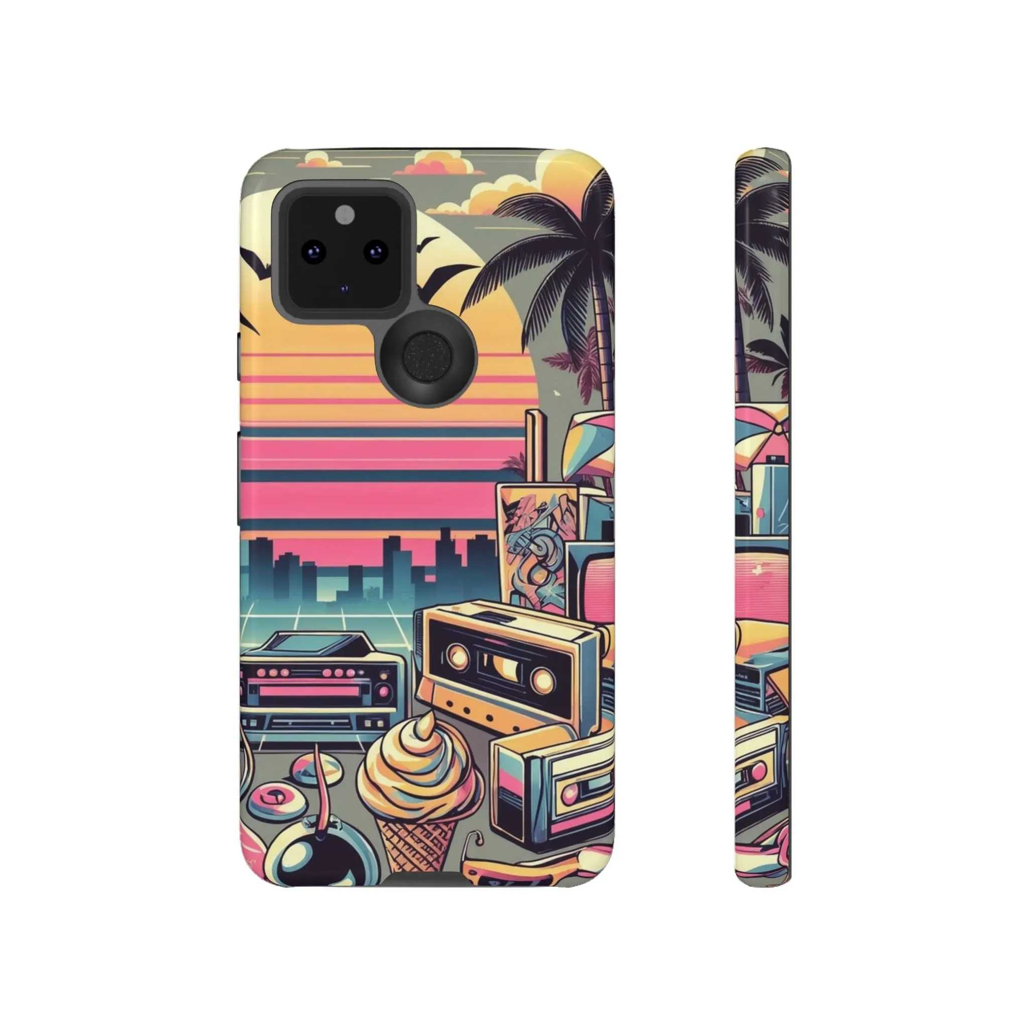 Who needs boring city skylines when you can have an epic sunset, palm trees, and 80s icons on your cell phone case?