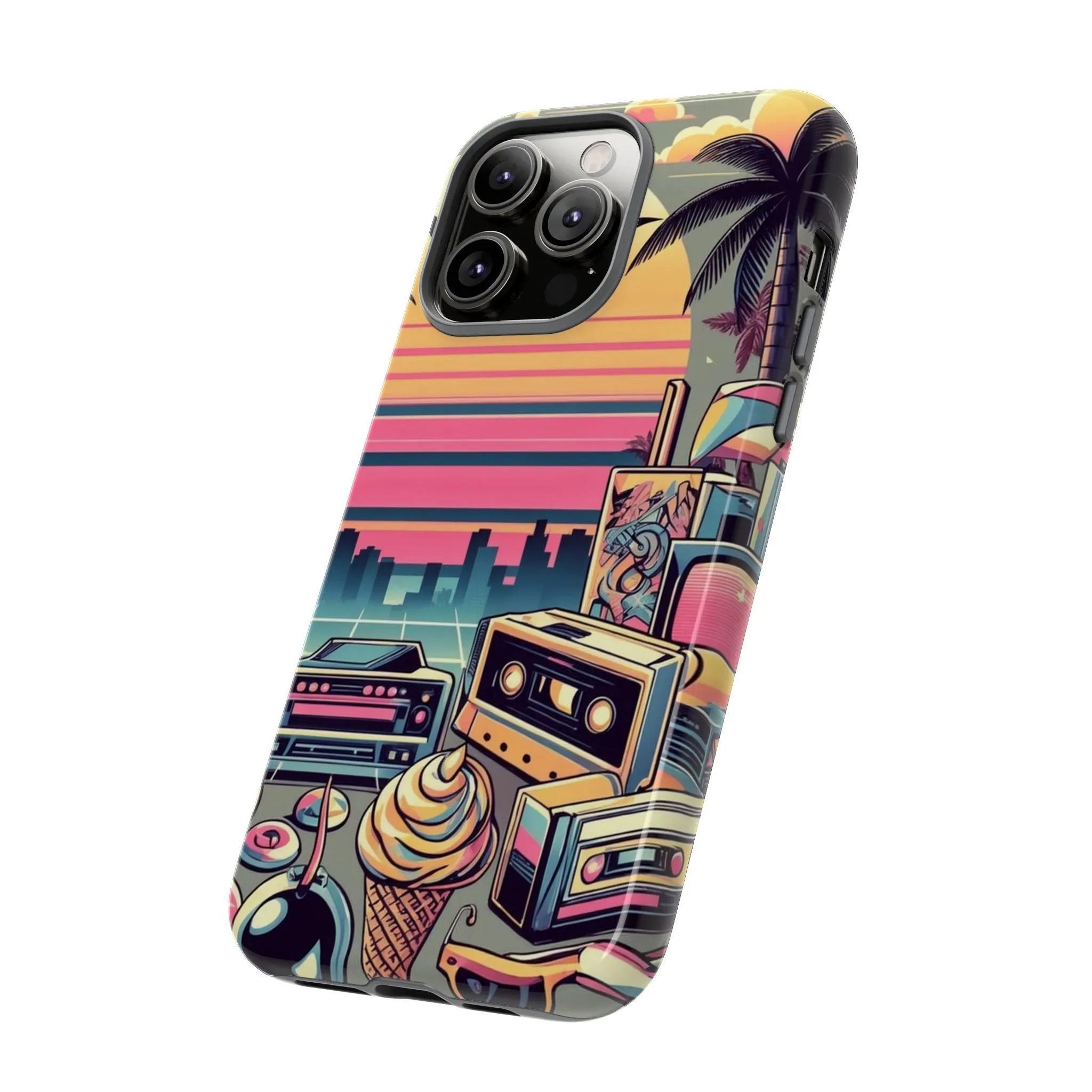 Who needs boring city skylines when you can have an epic sunset, palm trees, and 80s icons on your cell phone case?