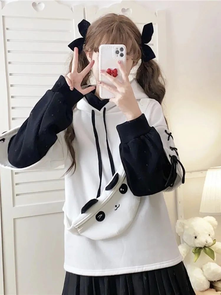 Winter Fleece Hoodies Women Cartoon Panda Print Pocket Patchwork Hooded Sweatshirts Long Sleeve Lace Up Pullover Tracksuits