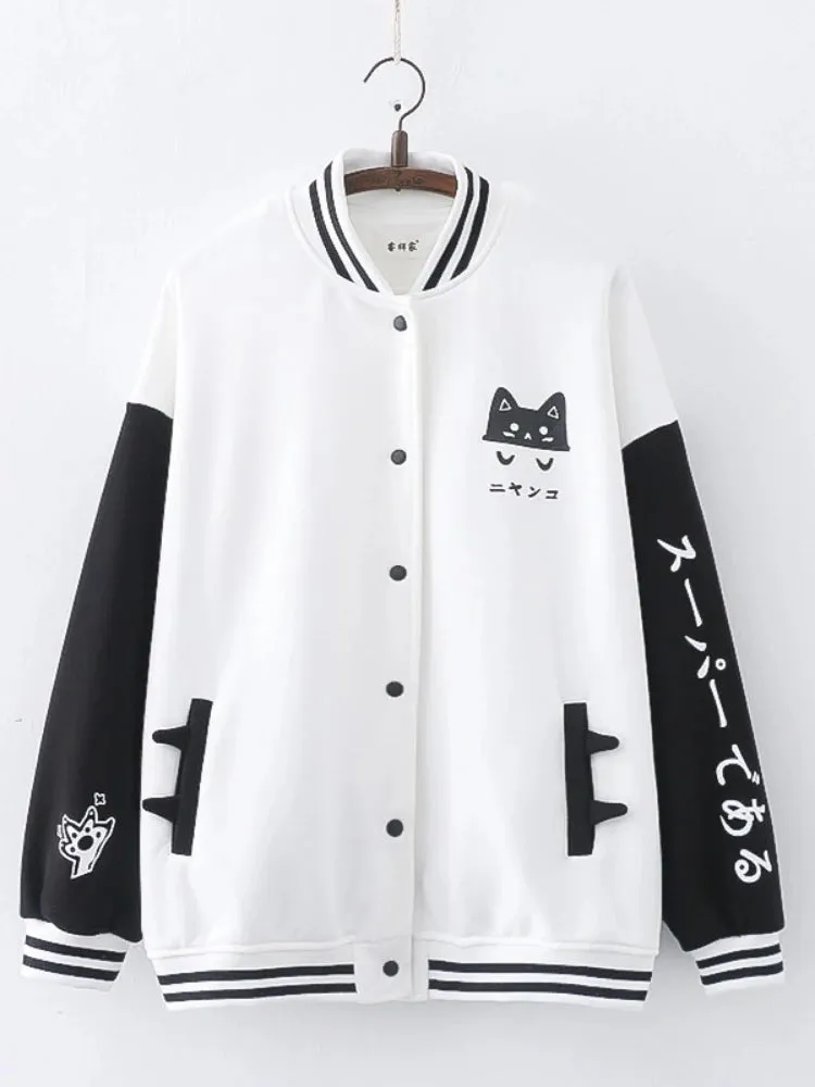 Women Coats Spring Long Sleeve Single Breasted V Neck Baseball Jackets Cotton Preppy Style Vintage Cartoon Print Outwears