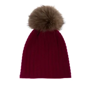 Women's Cable Cashmere Pom Pom Hat Fuschia