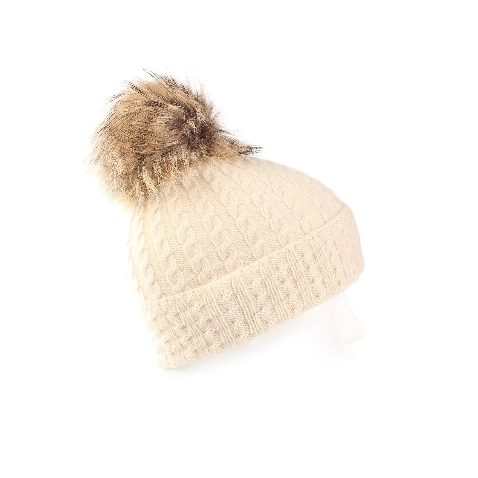 Women's Cable Cashmere Pom Pom Hat  White