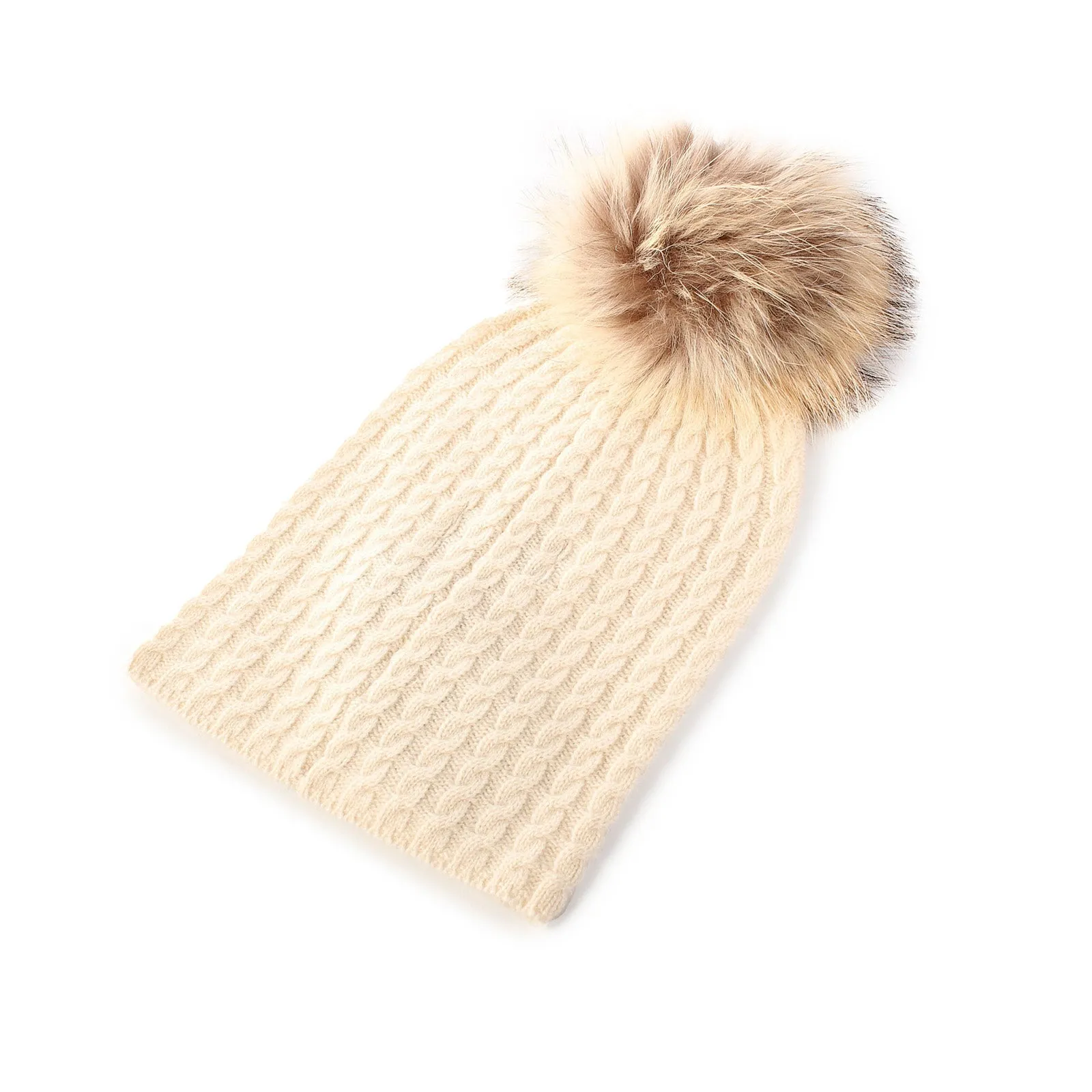 Women's Cable Cashmere Pom Pom Hat  White